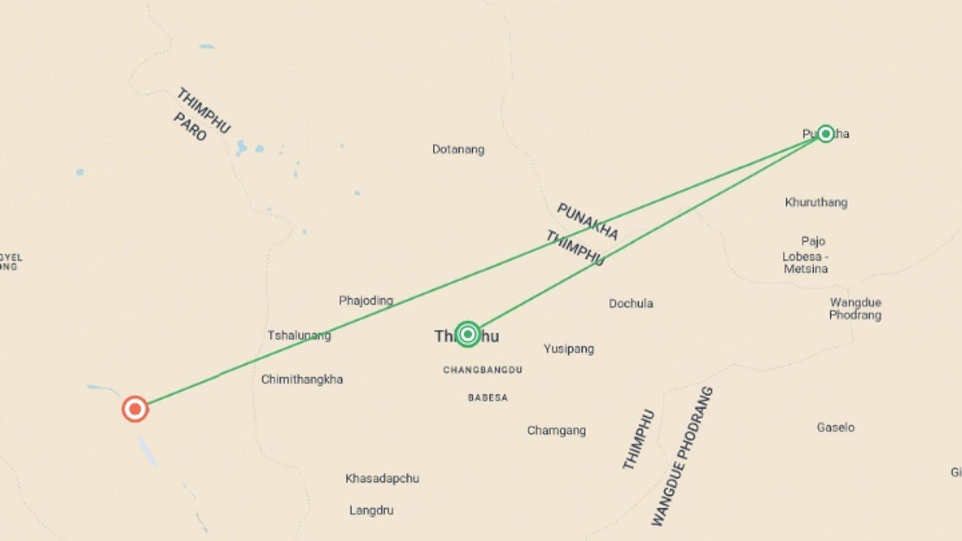 A map showing the tour itinerary for the trip: Signature: Bhutan & the High Himalayan Valleys, starting in Thimphu, Bhutan and ending in Paro, Bhutan going through 3 other destinations.