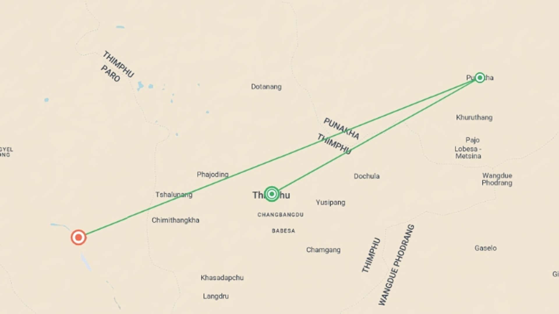 A map showing the tour itinerary for the trip: Signature: Bhutan & the High Himalayan Valleys, starting in Thimphu, Bhutan and ending in Paro, Bhutan going through 3 other destinations.
