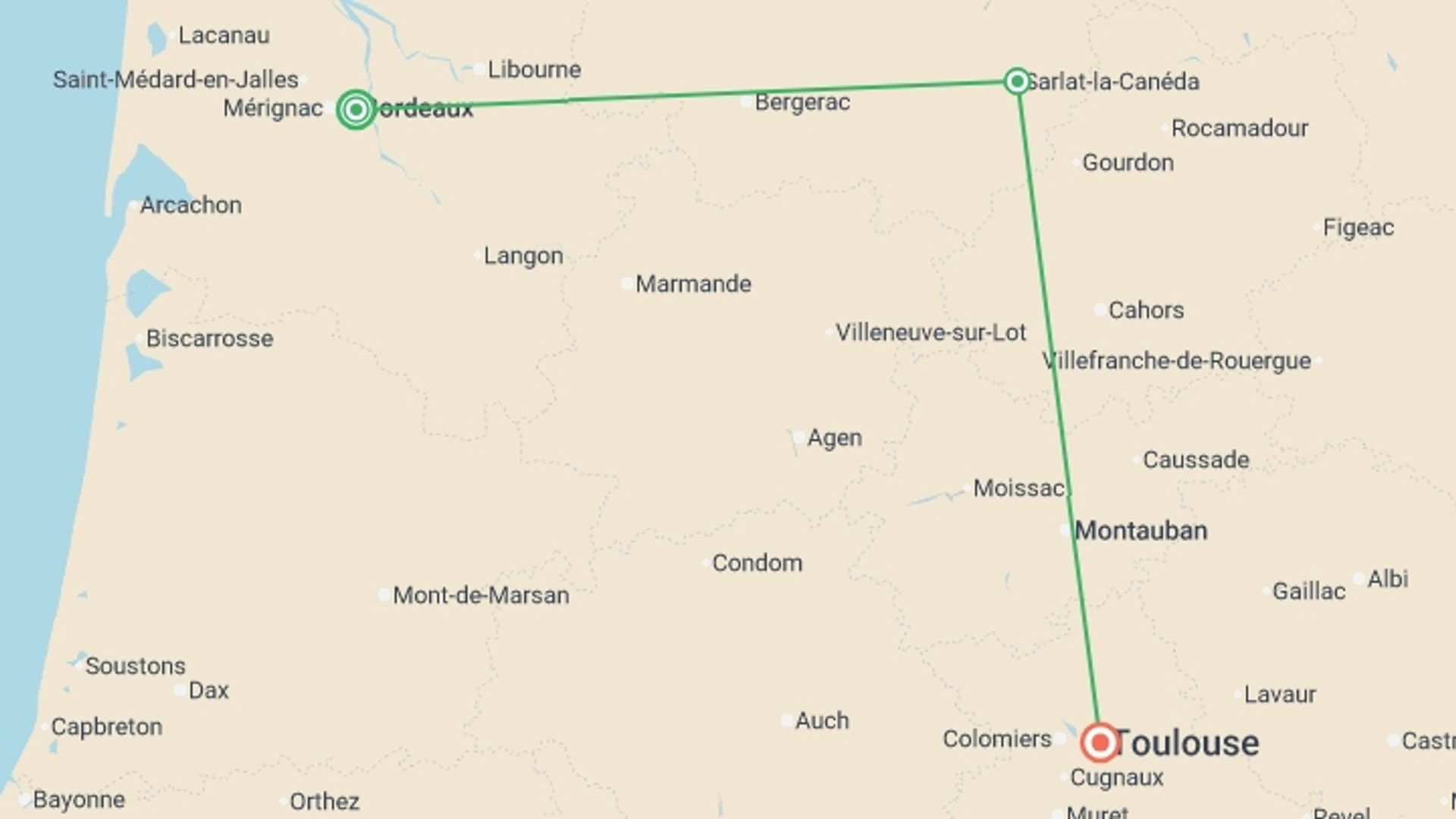 A map showing the tour itinerary for the trip: Signature: Bordeaux & Dordogne, Cradle of Prehistory, starting in Bordeaux, France and ending in Toulouse, France going through 3 other destinations.