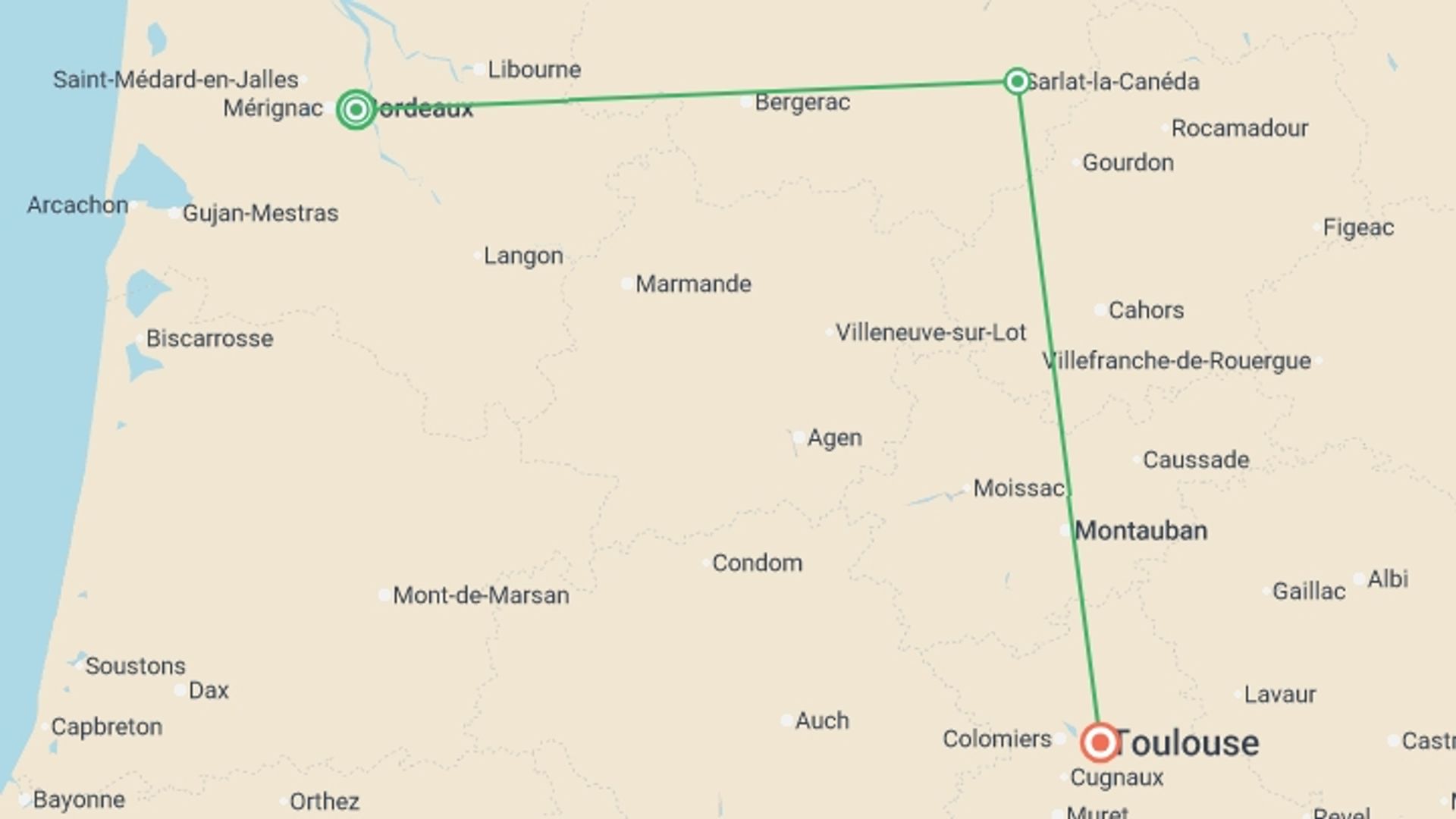 A map showing the tour itinerary for the trip: Signature: Bordeaux & Dordogne, Cradle of Prehistory, starting in Bordeaux, France and ending in Toulouse, France going through 3 other destinations.