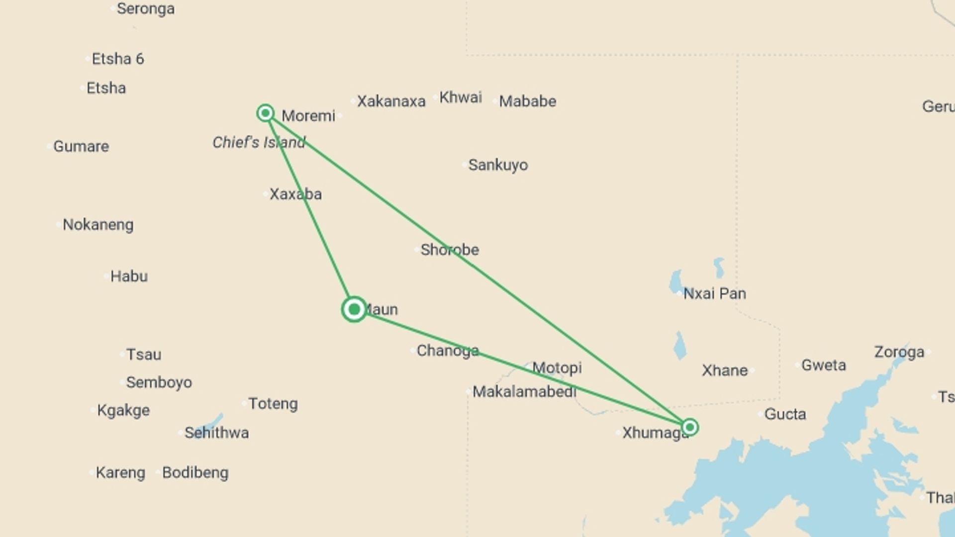 A map showing the tour itinerary for the trip: Signature: Botswana's Wildlife & the Okavango Delta, starting in Maun, Botswana and ending in Maun, Botswana going through 1 other destinations.