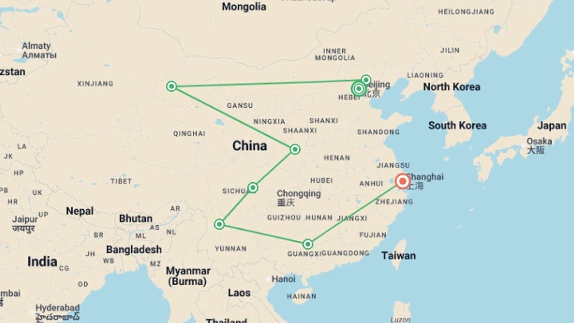 A map showing the tour itinerary for the trip: Signature: China from the Great Wall to Shangri-La, starting in Beijing, China and ending in Shanghai, China going through 5 other destinations.