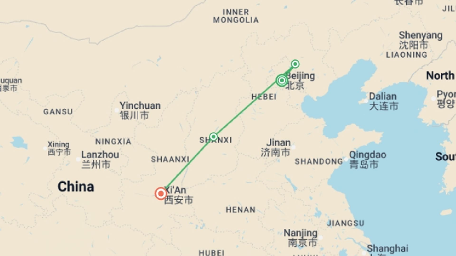 A map showing the tour itinerary for the trip: Signature China | Great Wall & Warriors, starting in Beijing, China and ending in Xian, China going through 3 other destinations.