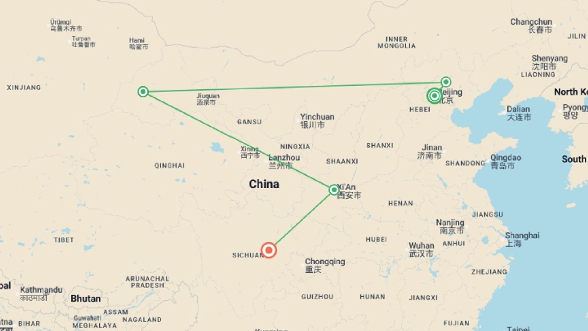 A map showing the tour itinerary for the trip: Signature: China's Great Wall, Xi’an & the Gobi Desert, starting in Beijing, China and ending in Chengdu, China going through 2 other destinations.