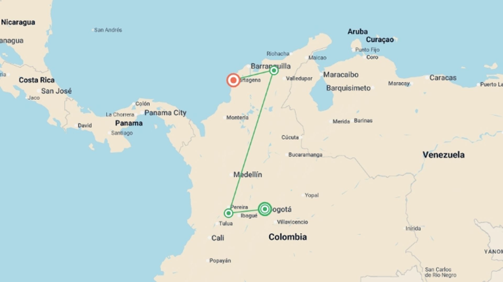 A map showing the tour itinerary for the trip: Signature Colombia | Stories Beneath Wax Palms, starting in Bogota, Colombia and ending in Cartagena, Colombia going through 2 other destinations.
