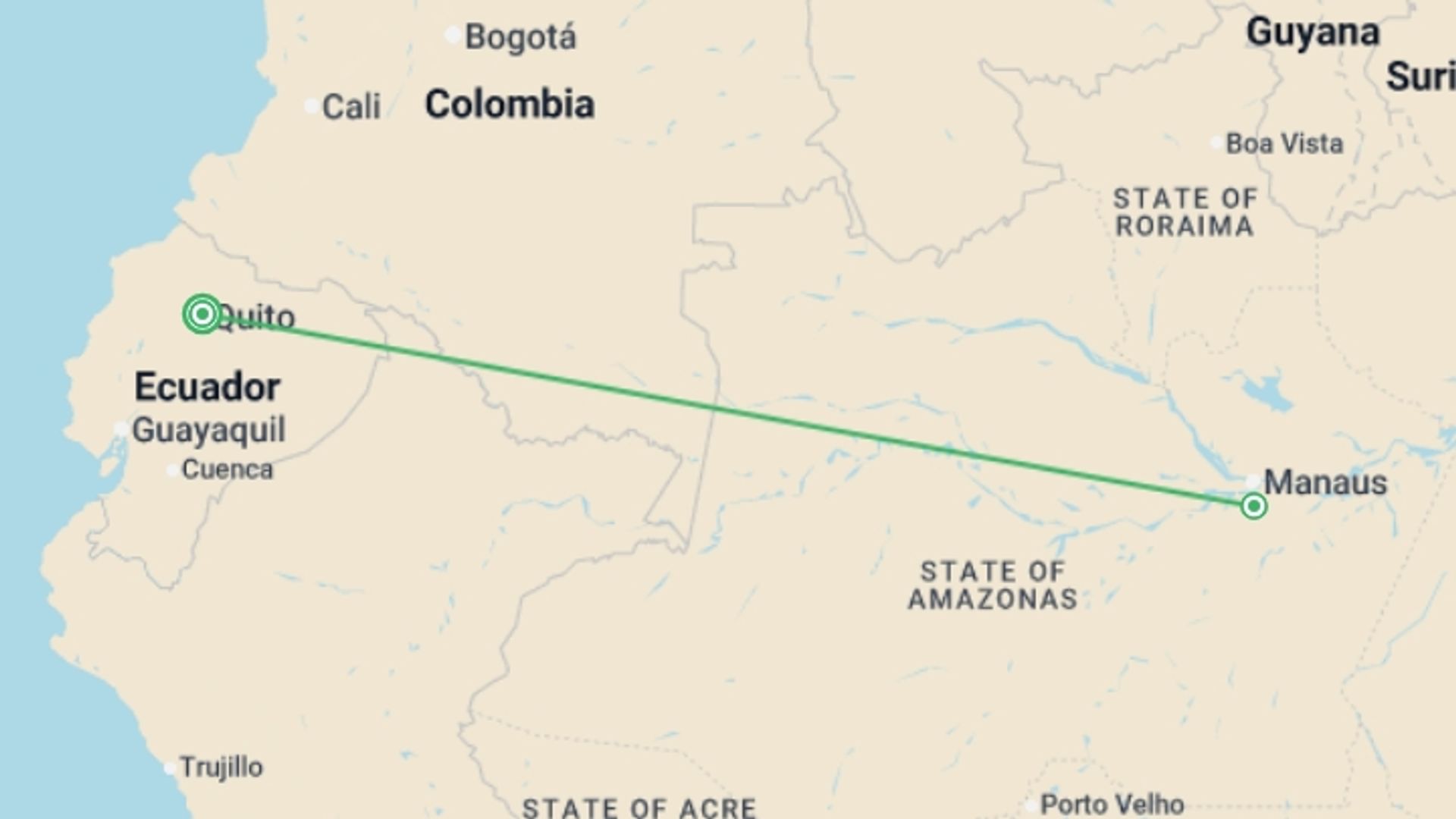 A map showing the tour itinerary for the trip: Signature: Ecuador's Amazon Rainforest & Andean Highlands, starting in Quito, Ecuador and ending in Quito, Ecuador going through 1 other destinations.