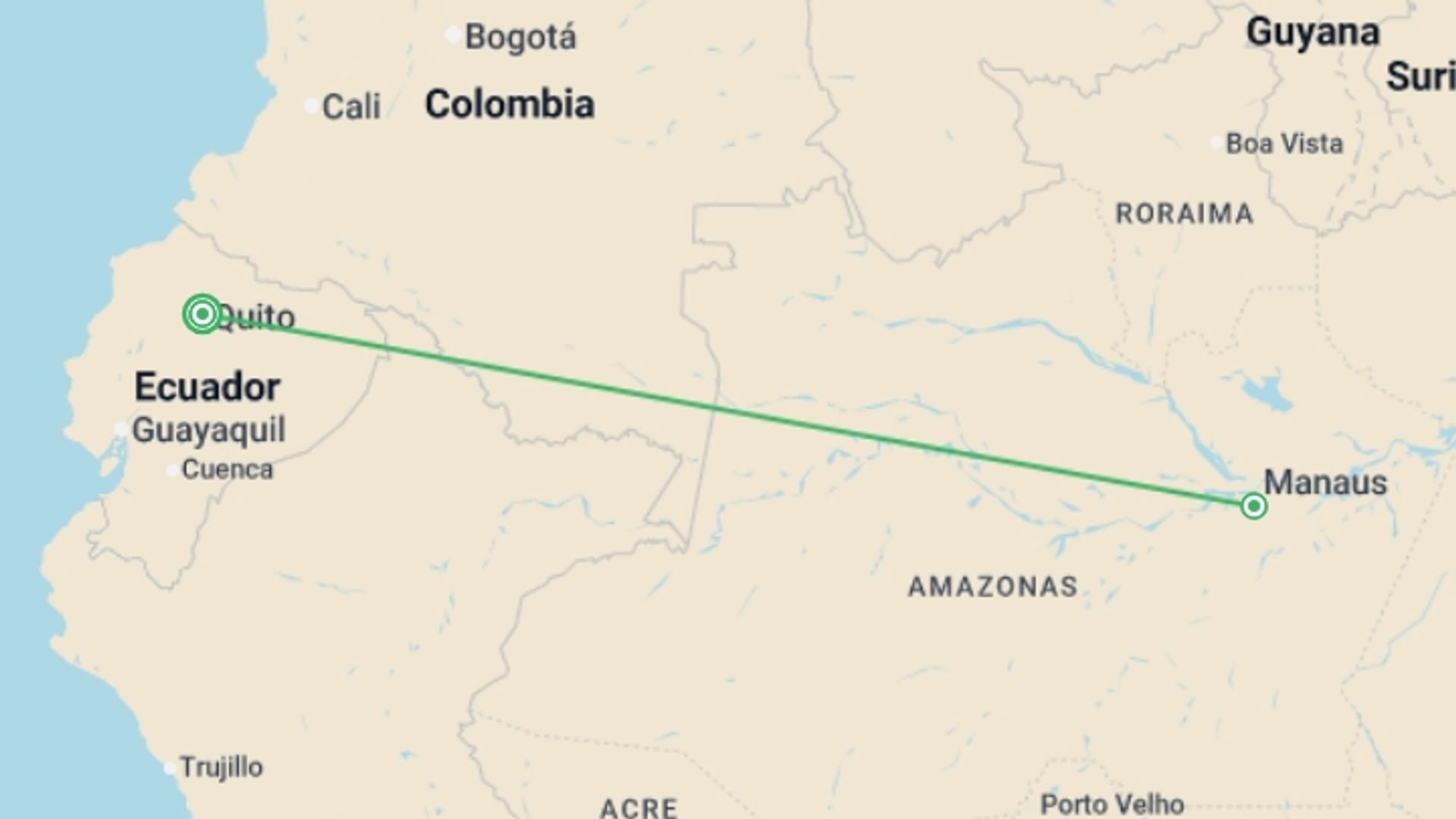 A map showing the tour itinerary for the trip: Signature: Ecuador's Amazon Rainforest & Andean Highlands, starting in Quito, Ecuador and ending in Quito, Ecuador going through 1 other destinations.
