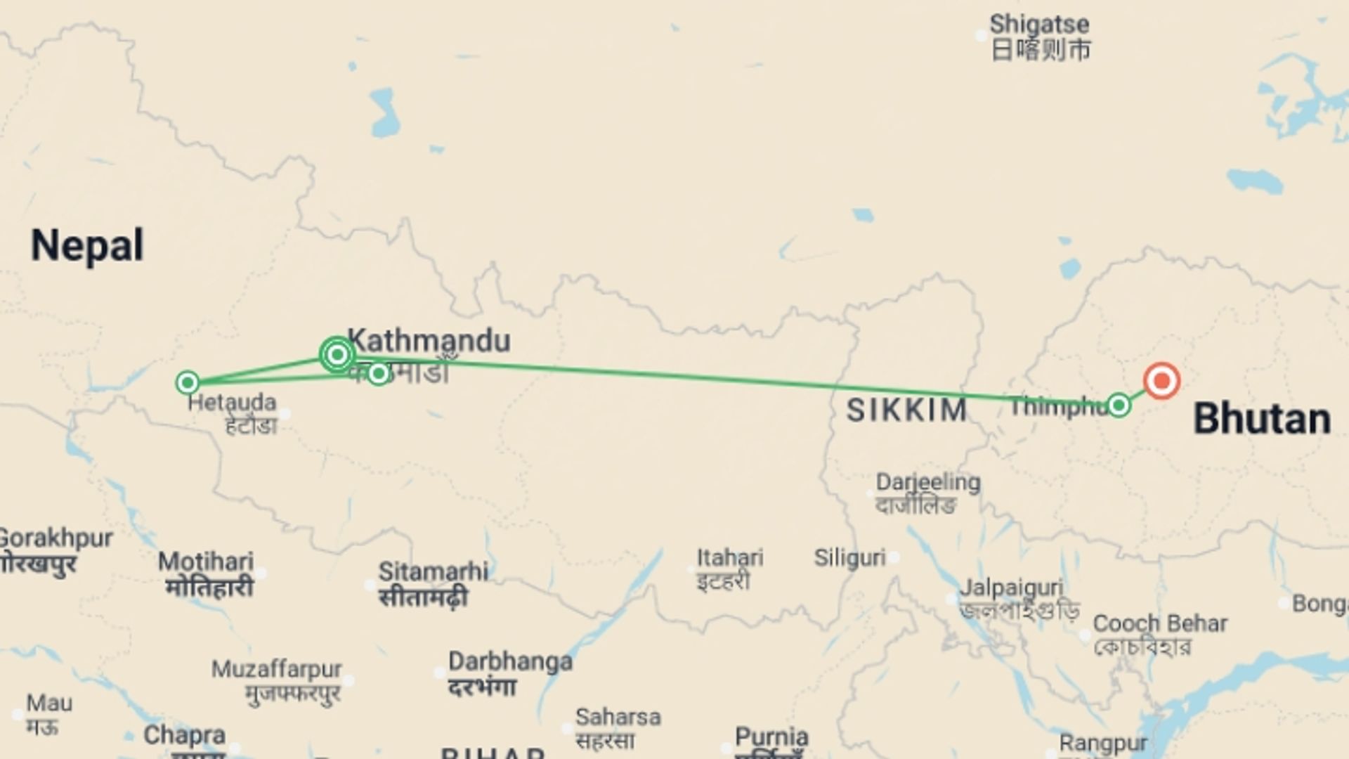 A map showing the tour itinerary for the trip: Signature: Himalayan Kingdoms of Nepal & Bhutan, starting in Kathmandu, Nepal and ending in Paro, Bhutan going through 5 other destinations.