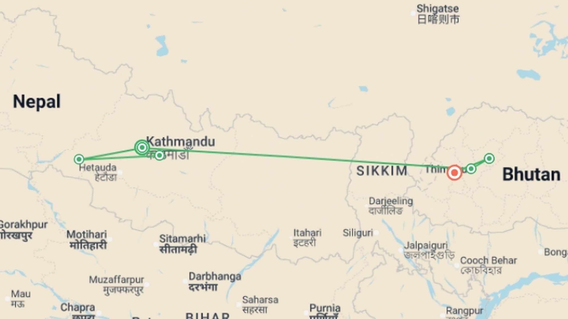 A map showing the tour itinerary for the trip: Signature: Himalayan Kingdoms of Nepal & Bhutan, starting in Kathmandu, Nepal and ending in Paro, Bhutan going through 5 other destinations.