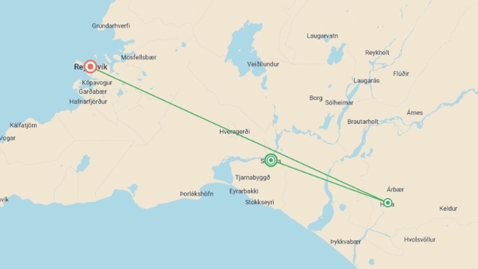 A map showing the tour itinerary for the trip: Signature: Iceland's Winterscapes, Golden Circle & Northern Lights, starting in Reykjavik, Iceland and ending in Reykjavik, Iceland going through 1 other destinations.