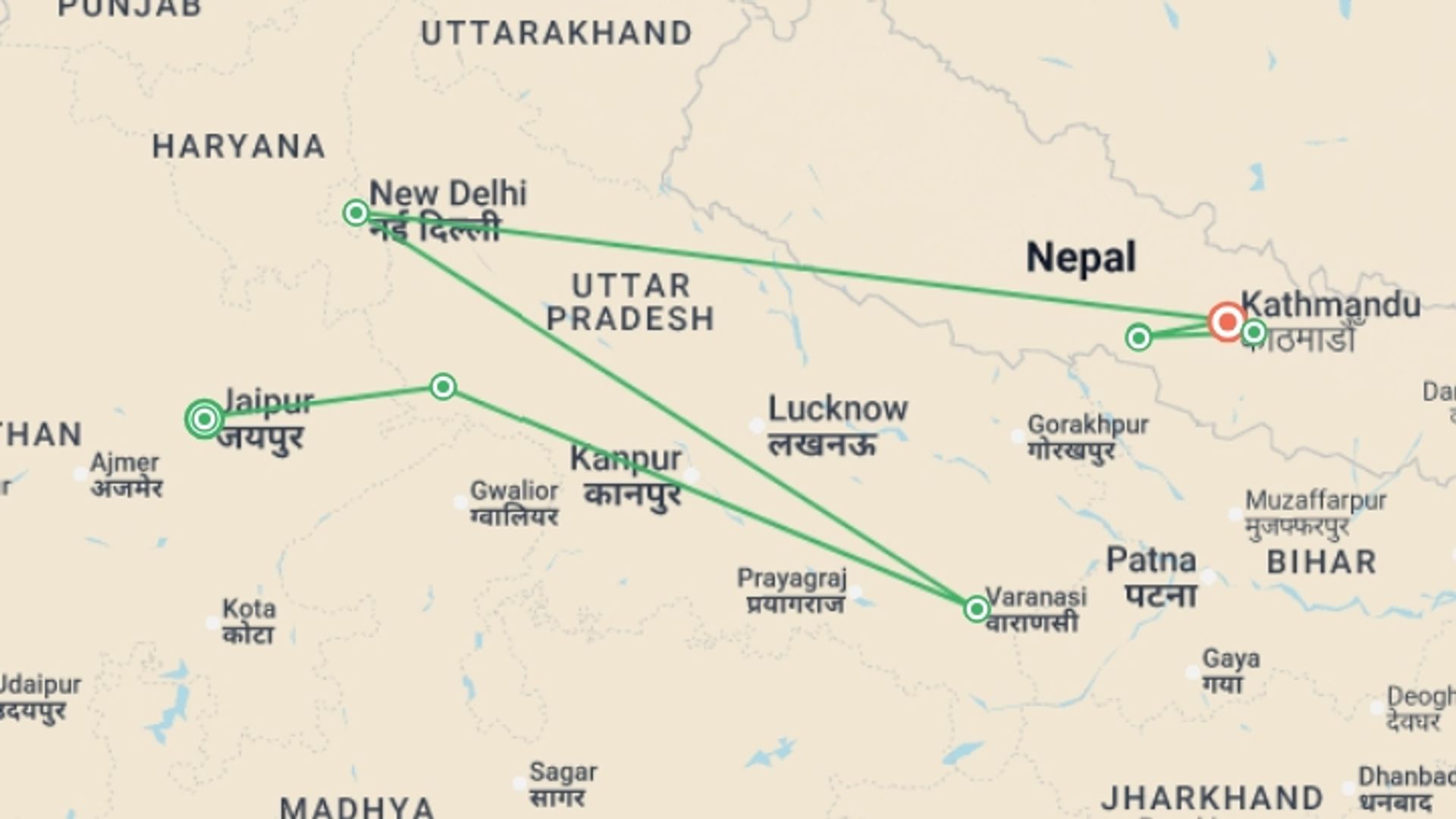 A map showing the tour itinerary for the trip: Signature: India & Nepal, Taj Mahal, Ganges & Himalayas, starting in Jaipur, India and ending in Kathmandu, Nepal going through 6 other destinations.
