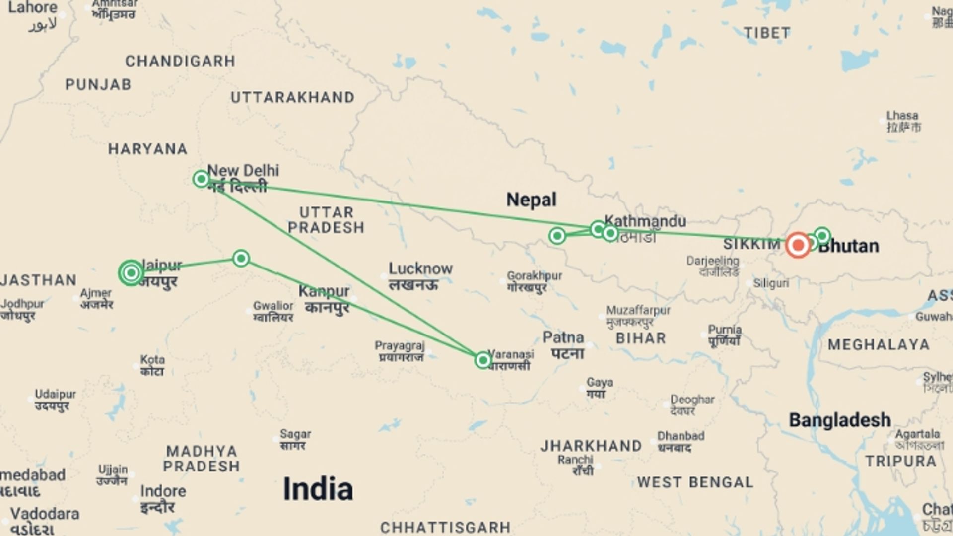A map showing the tour itinerary for the trip: Signature: India, Nepal & Bhutan, Taj Mahal, Himalayas & Tiger's Nest, starting in Jaipur, India and ending in Paro, Bhutan going through 9 other destinations.