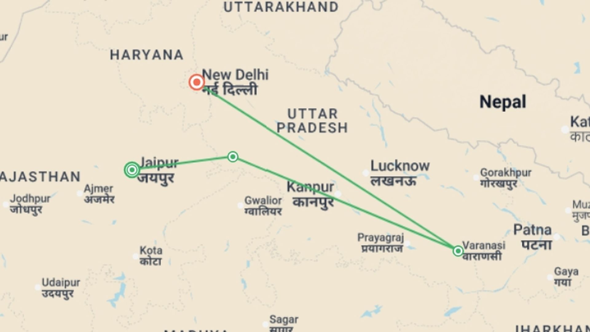 A map showing the tour itinerary for the trip: Signature: India's Jaipur, the Taj Mahal, Varanasi & Delhi, starting in Jaipur, India and ending in New Delhi, India going through 4 other destinations.