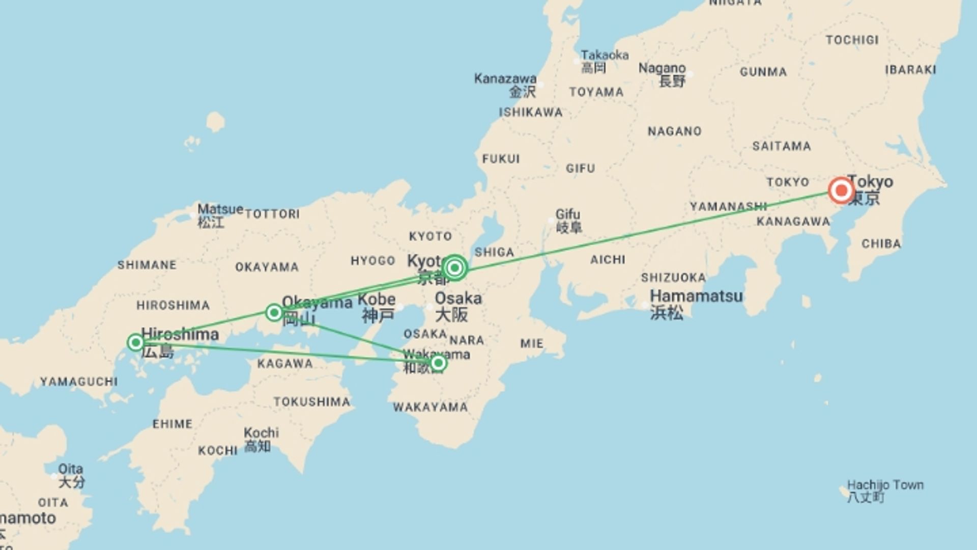 A map showing the tour itinerary for the trip: Signature Japan | Through Temples & Time, starting in Kyoto, Japan and ending in Tokyo, Japan going through 3 other destinations.