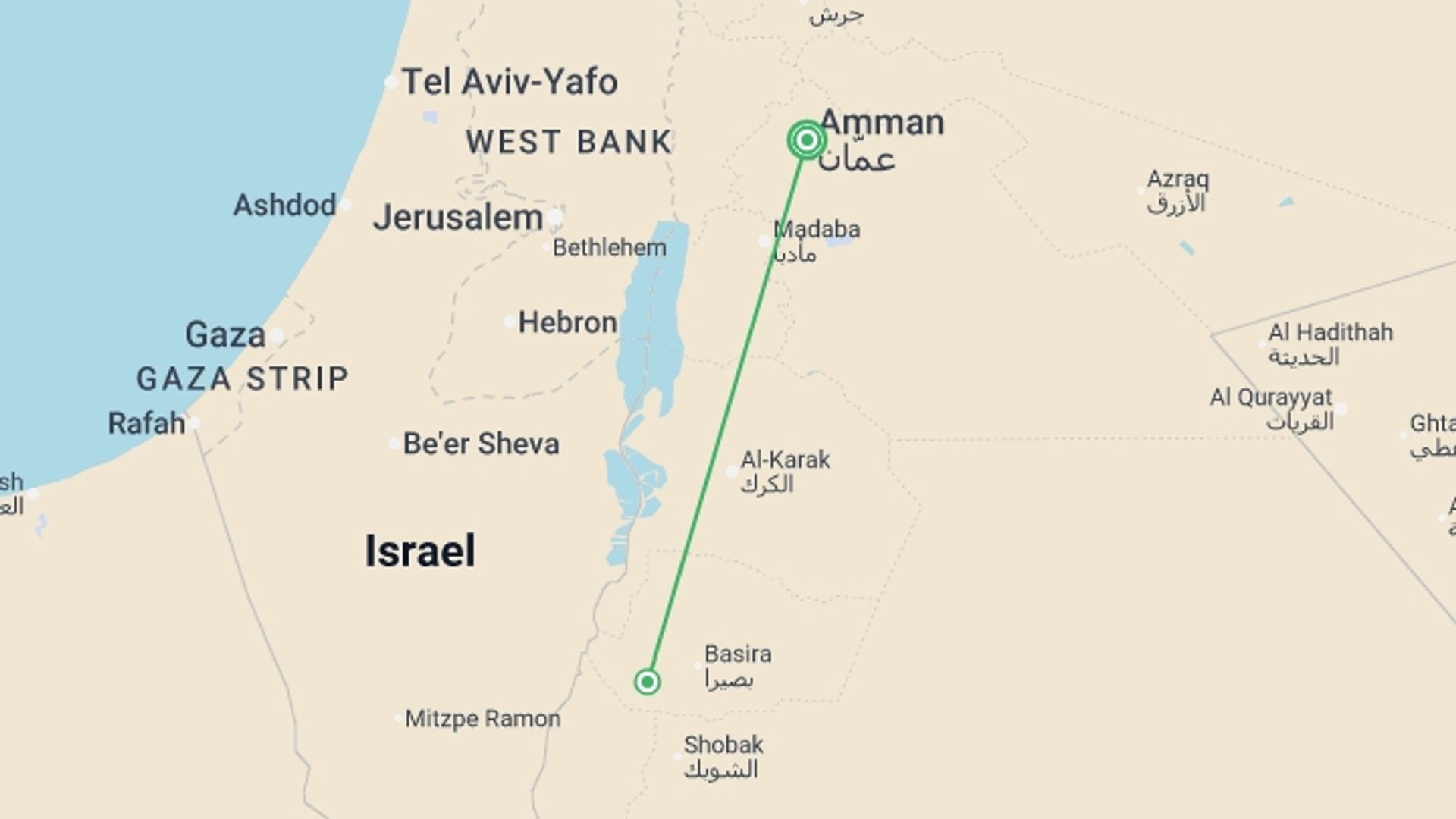 A map showing the tour itinerary for the trip: Signature Jordan | Stars and Desert Sands, starting in Amman, Jordan and ending in Dead Sea, Jordan going through 3 other destinations.