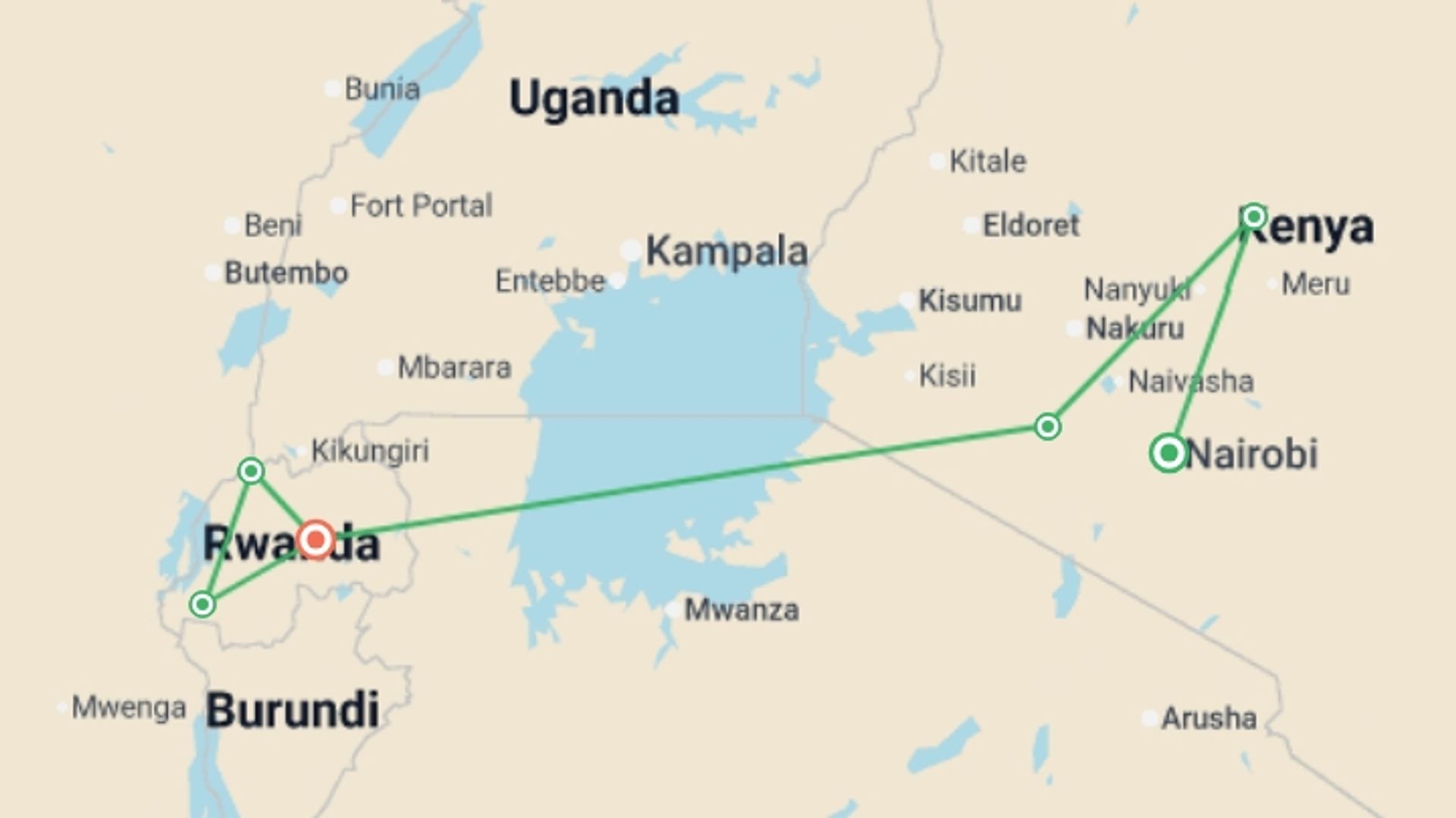 A map showing the tour itinerary for the trip: Signature: Kenya & Rwanda — From the Mara to the Mist, starting in Nairobi, Kenya and ending in Kigali, Rwanda going through 2 other destinations.