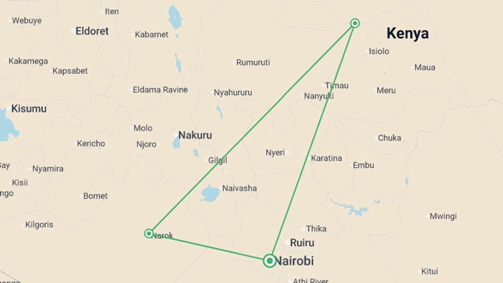 A map showing the tour itinerary for the trip: Signature: Kenya’s Wildlife & Cultural Heritage, starting in Nairobi, Kenya and ending in Nairobi, Kenya going through 1 other destinations.