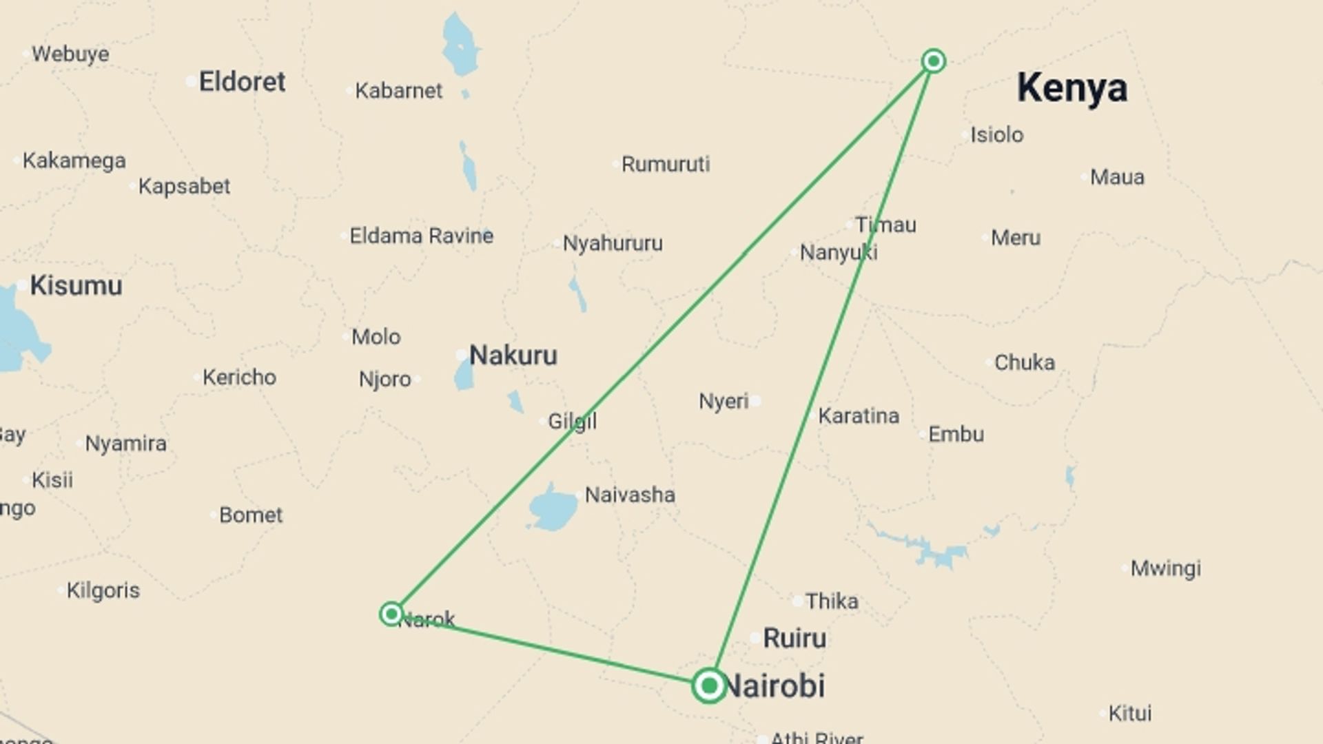 A map showing the tour itinerary for the trip: Signature: Kenya’s Wildlife & Cultural Heritage, starting in Nairobi, Kenya and ending in Nairobi, Kenya going through 1 other destinations.