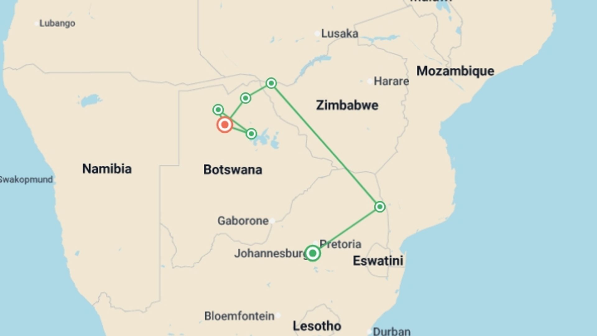 A map showing the tour itinerary for the trip: Signature: Kruger, Victoria Falls & Botswana’s Untamed Wonders, starting in Johannesburg, South Africa and ending in Maun, Botswana going through 5 other destinations.