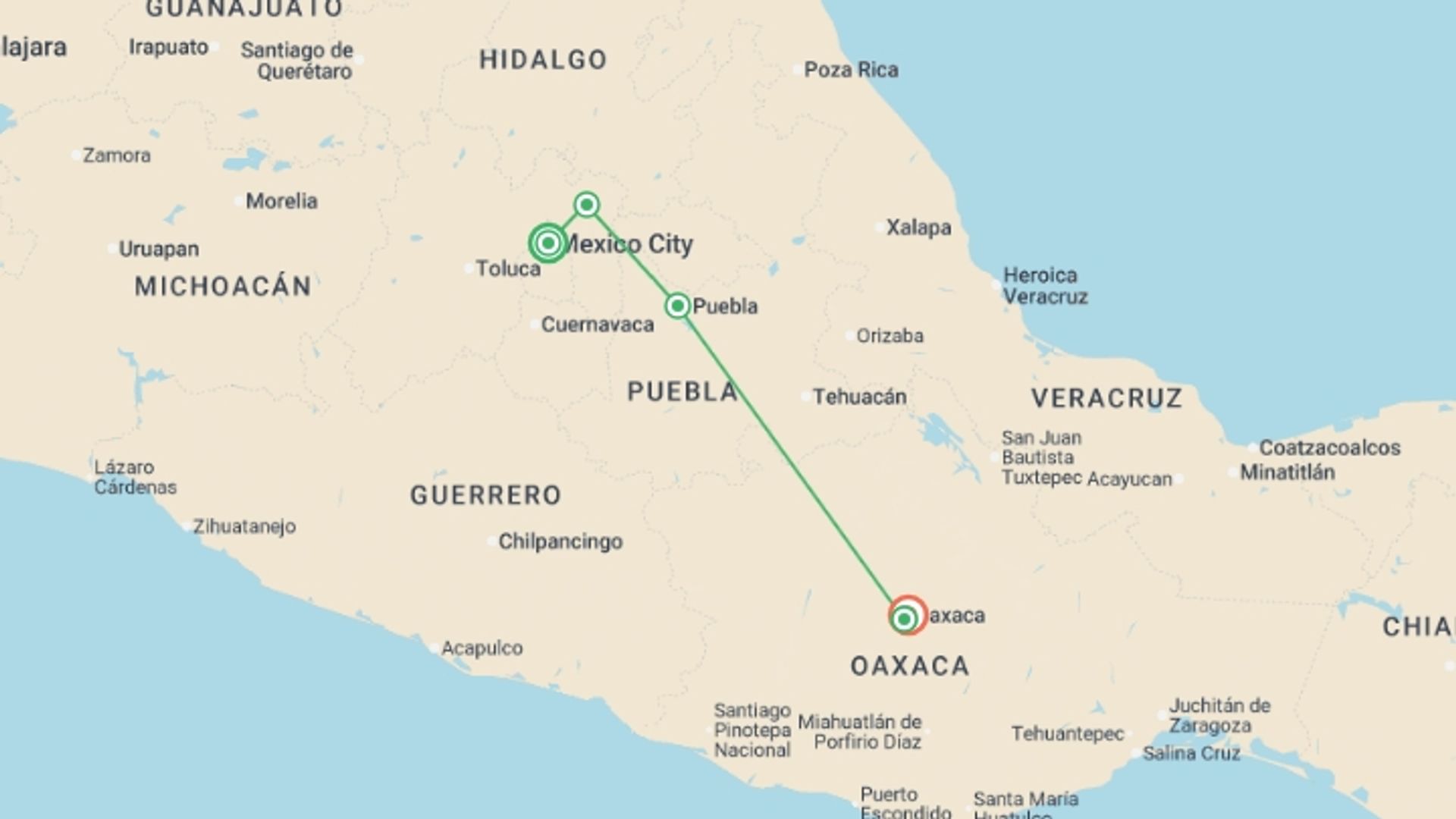 A map showing the tour itinerary for the trip: Signature Mexico | Among Ruins & Ritual, starting in Mexico City, Mexico and ending in Oaxaca, Mexico going through 2 other destinations.