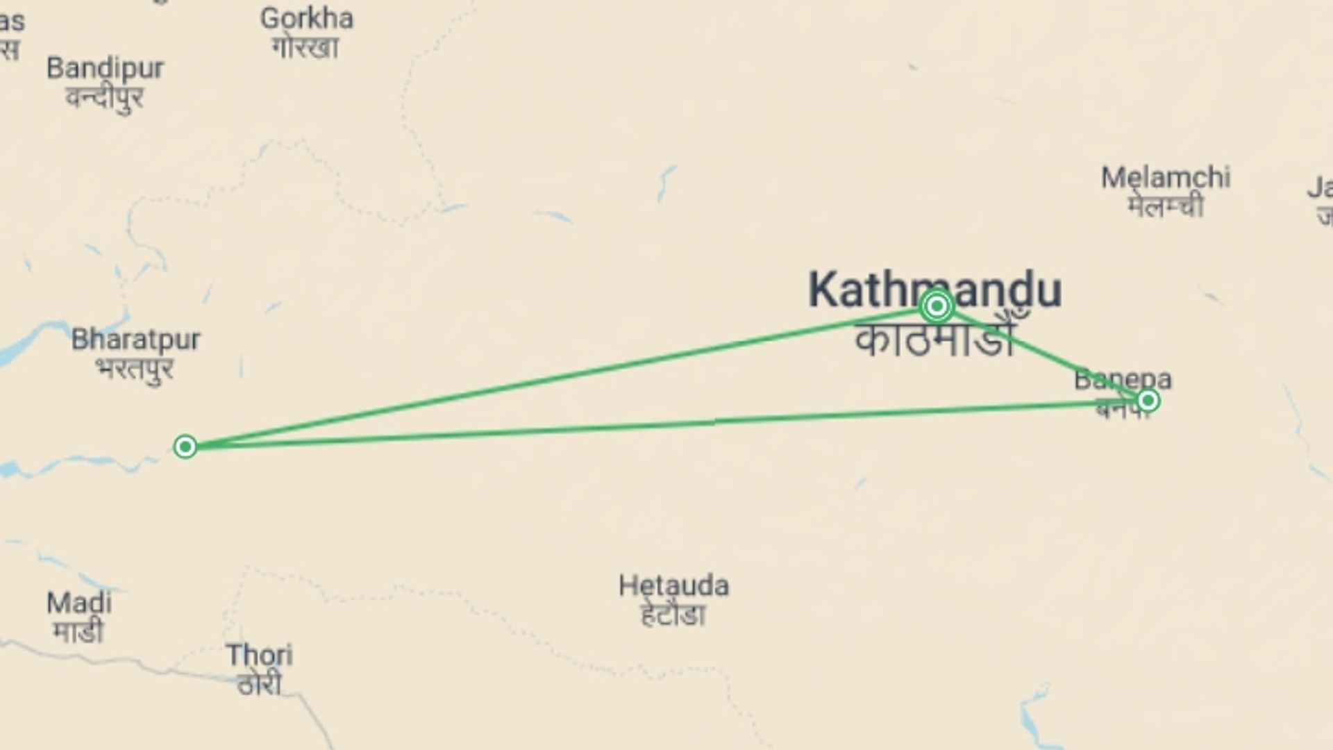 A map showing the tour itinerary for the trip: Signature: Nepal’s Himalayan Peaks, Kathmandu & Chitwan, starting in Kathmandu, Nepal and ending in Kathmandu, Nepal going through 2 other destinations.