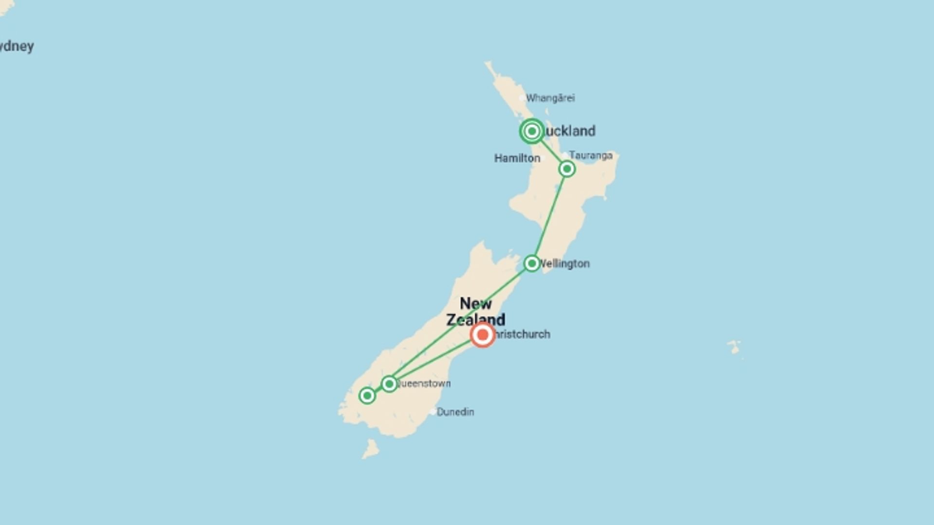 A map showing the tour itinerary for the trip: Signature: New Zealand, Milford Sound & Maori Culture, starting in Auckland, New Zealand and ending in Christchurch, New Zealand going through 5 other destinations.