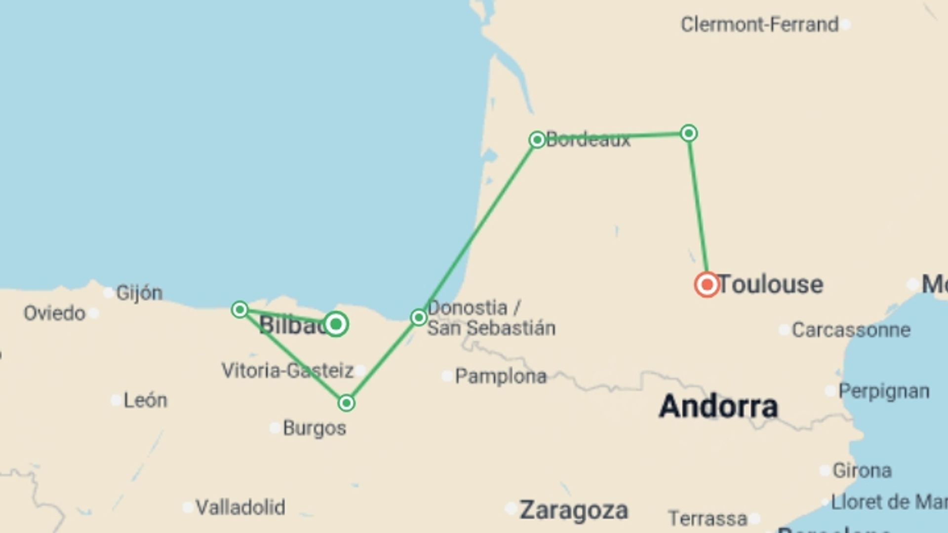 A map showing the tour itinerary for the trip: Signature: Northern Spain & the Vineyards of Southwest France, starting in Bilbao, Spain and ending in Toulouse, France going through 6 other destinations.