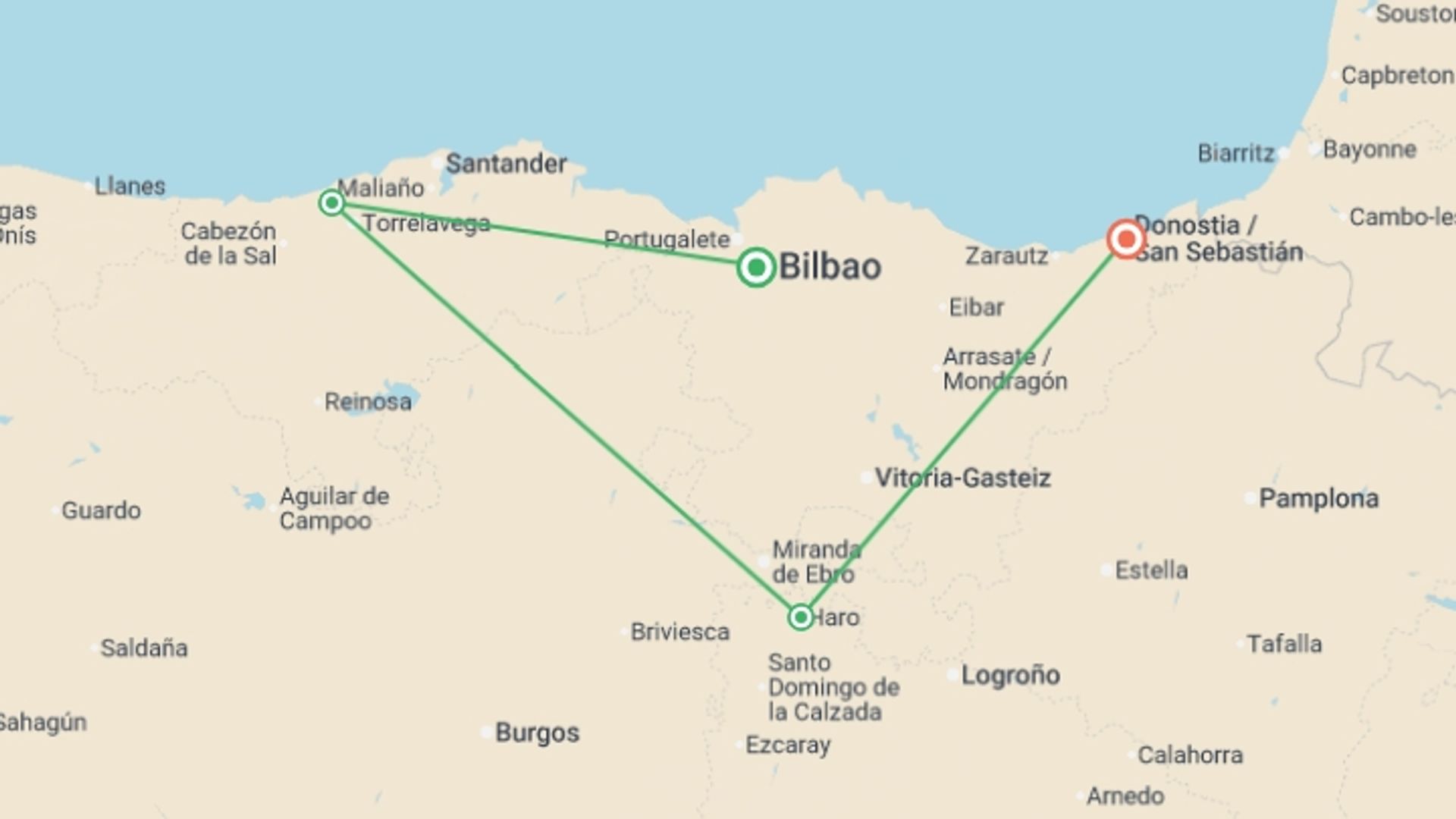 A map showing the tour itinerary for the trip: Signature: Northern Spain's Ancient Caves, Basque Coast & La Rioja, starting in Bilbao, Spain and ending in San Sebastian, Spain going through 3 other destinations.