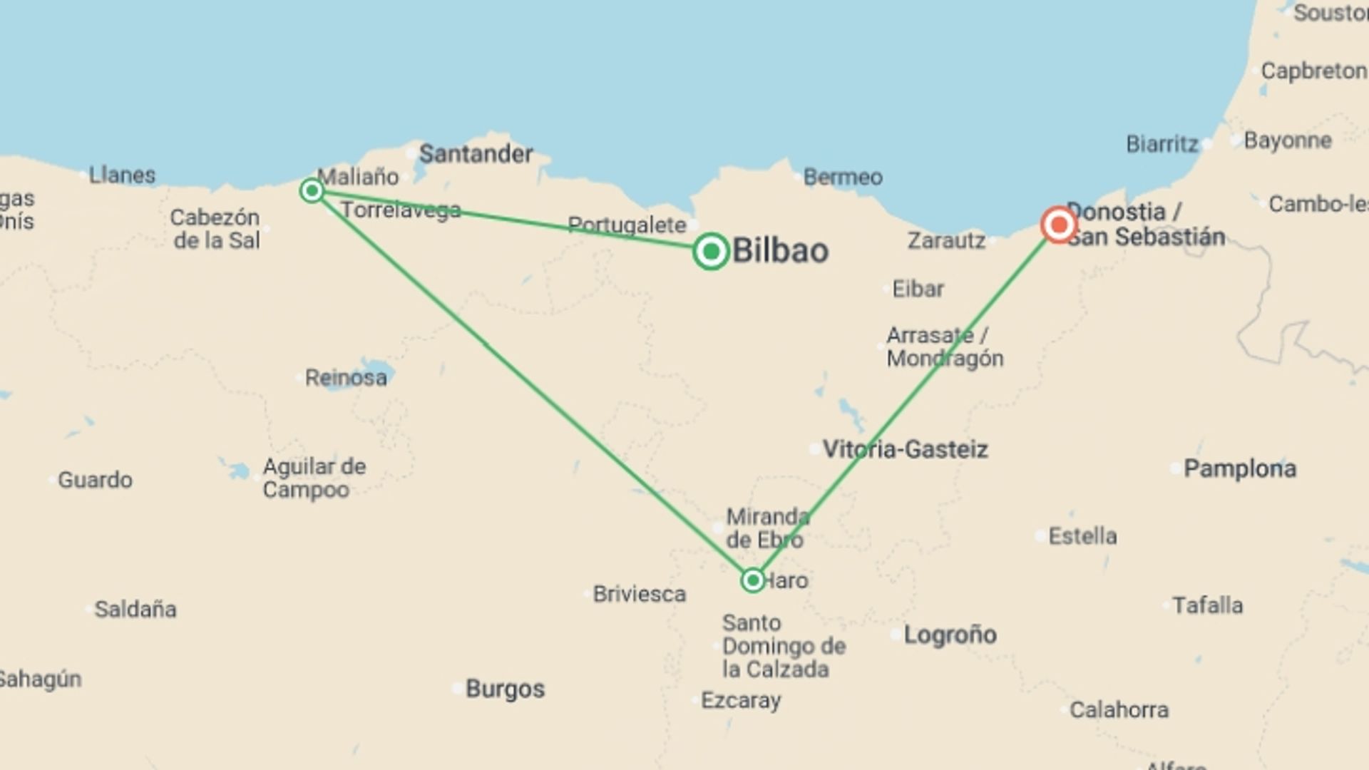 A map showing the tour itinerary for the trip: Signature: Northern Spain's Ancient Caves, Basque Coast & La Rioja, starting in Bilbao, Spain and ending in San Sebastian, Spain going through 3 other destinations.