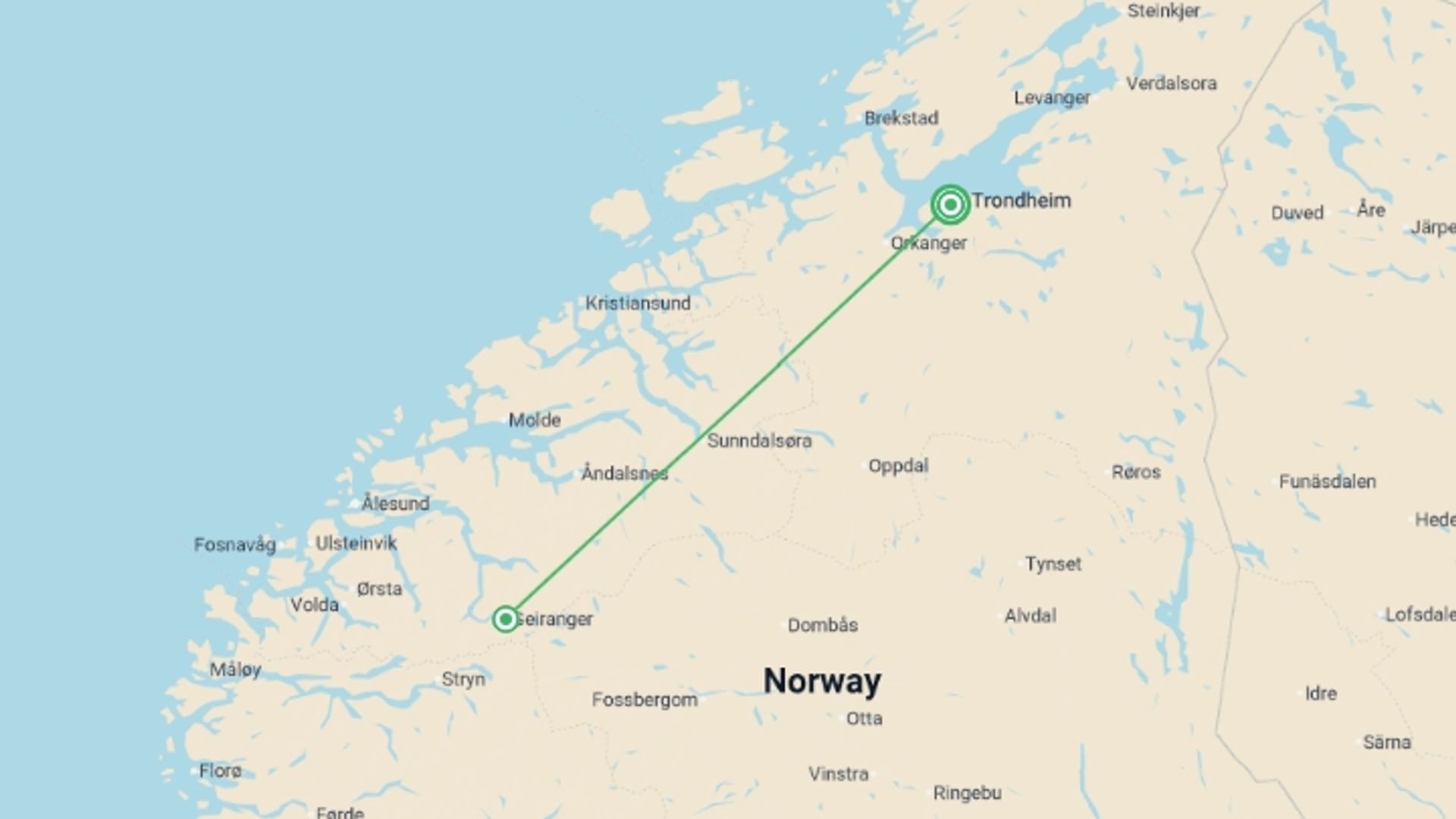 A map showing the tour itinerary for the trip: Signature Norway | Where Fjords Meet Sky, starting in Trondheim, Norway and ending in Trondheim, Norway going through 1 other destinations.