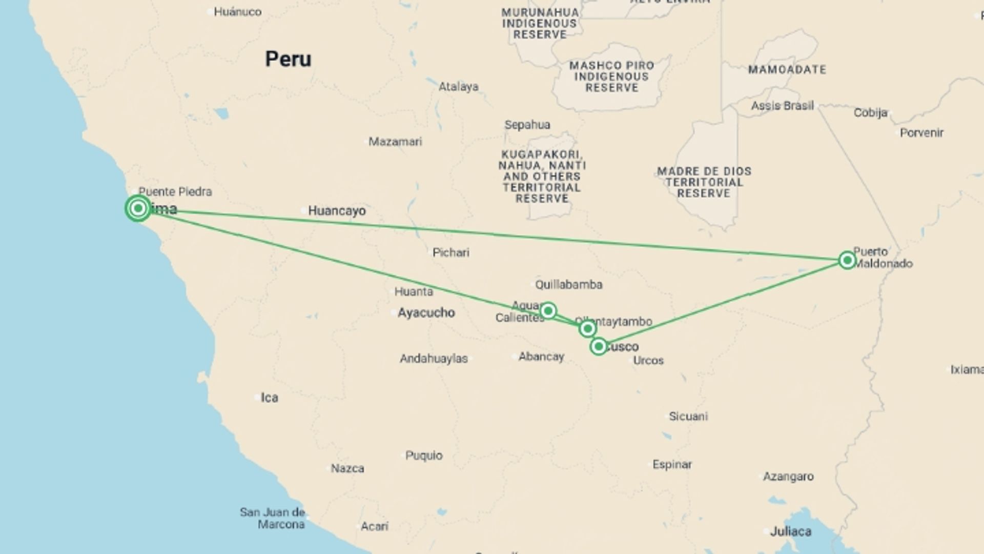 A map showing the tour itinerary for the trip: Signature: Peru from Machu Picchu to the Amazon Jungle, starting in Lima, Peru and ending in Lima, Peru going through 4 other destinations.