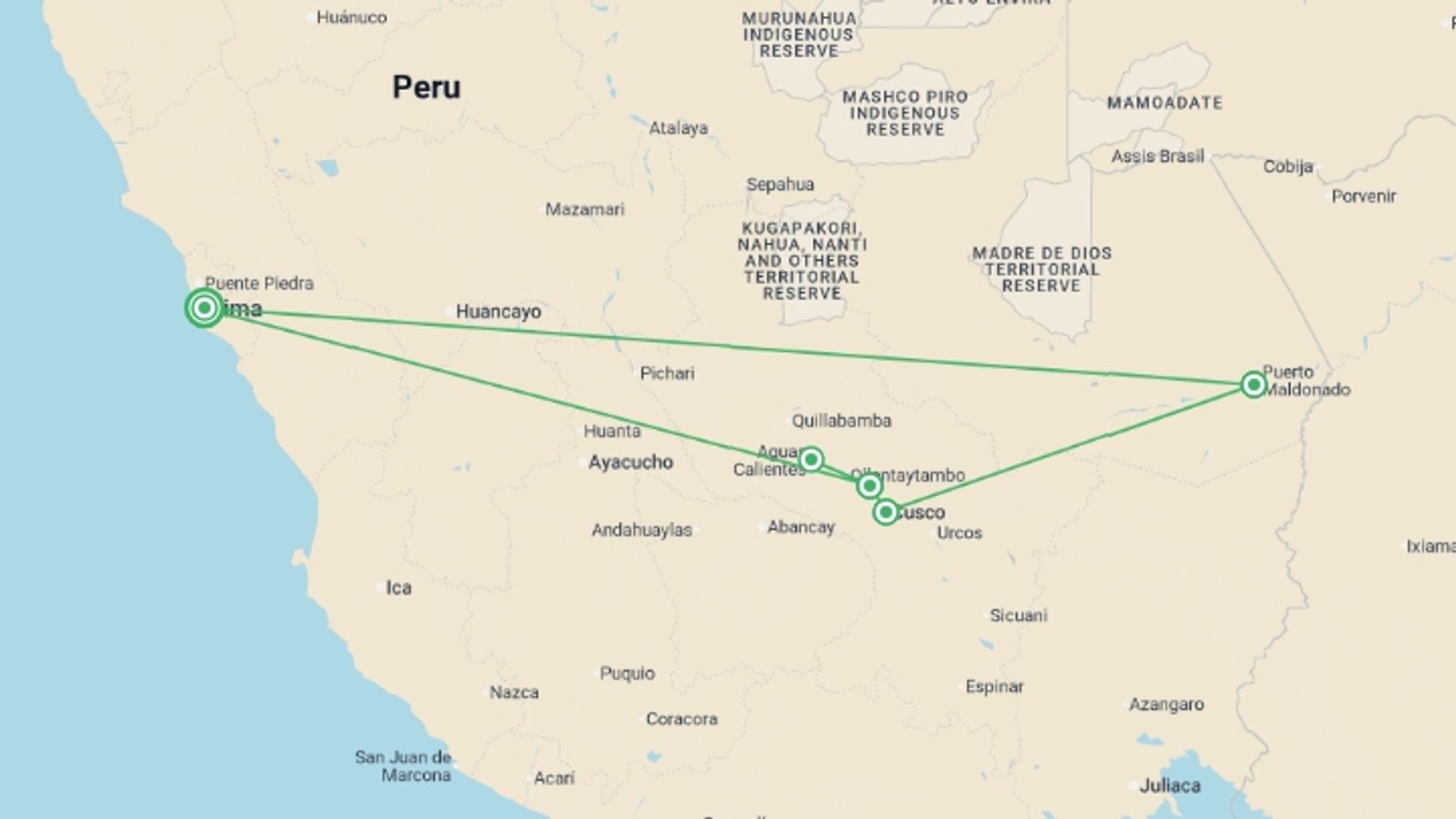 A map showing the tour itinerary for the trip: Signature: Peru from Machu Picchu to the Amazon Jungle, starting in Lima, Peru and ending in Lima, Peru going through 4 other destinations.