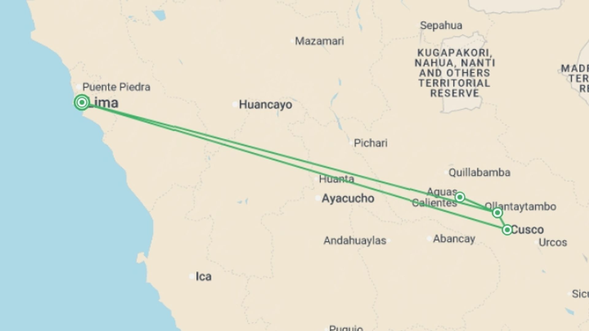 A map showing the tour itinerary for the trip: Signature: Peru's Lima, Machu Picchu & the Sacred Valley, starting in Lima, Peru and ending in Lima, Peru going through 4 other destinations.