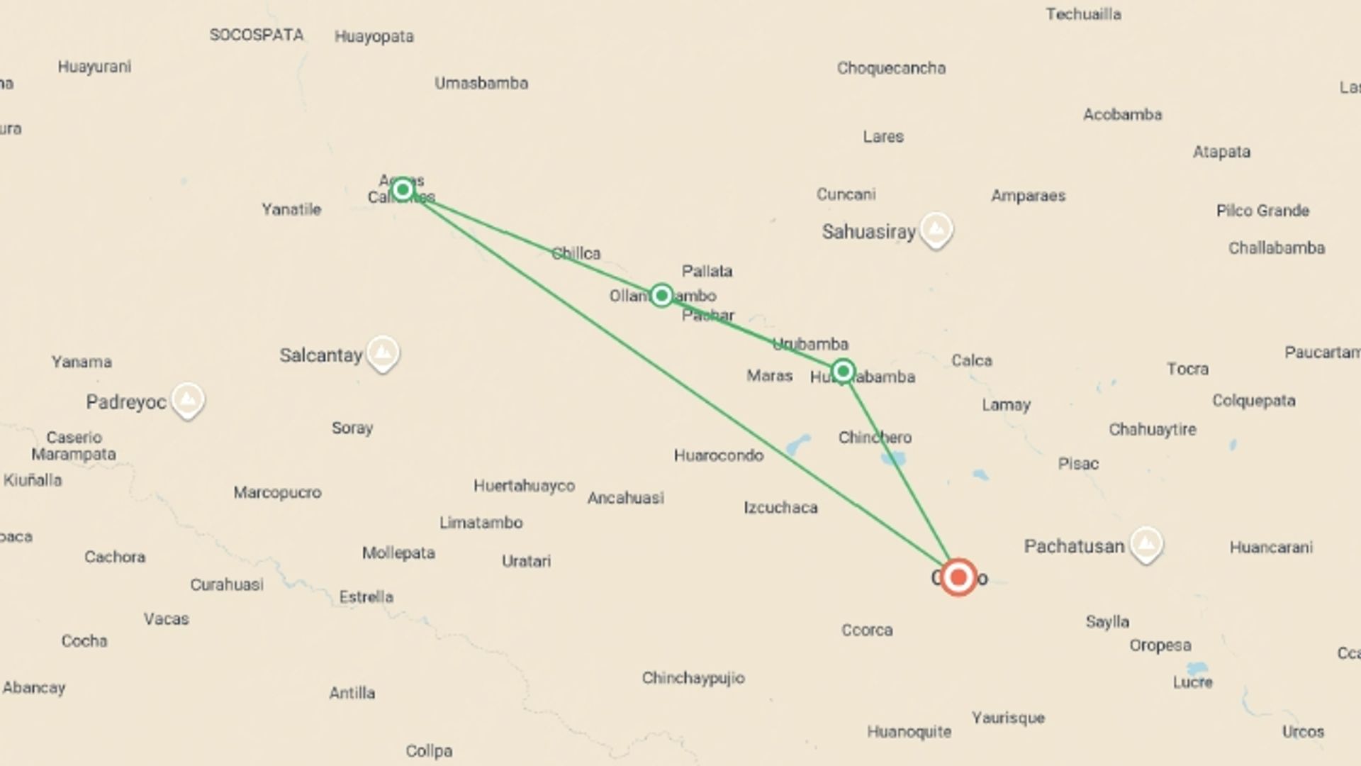A map showing the tour itinerary for the trip: Signature Peru | Threads of the Andes, starting in Lima, Peru and ending in Cusco, Peru going through 5 other destinations.