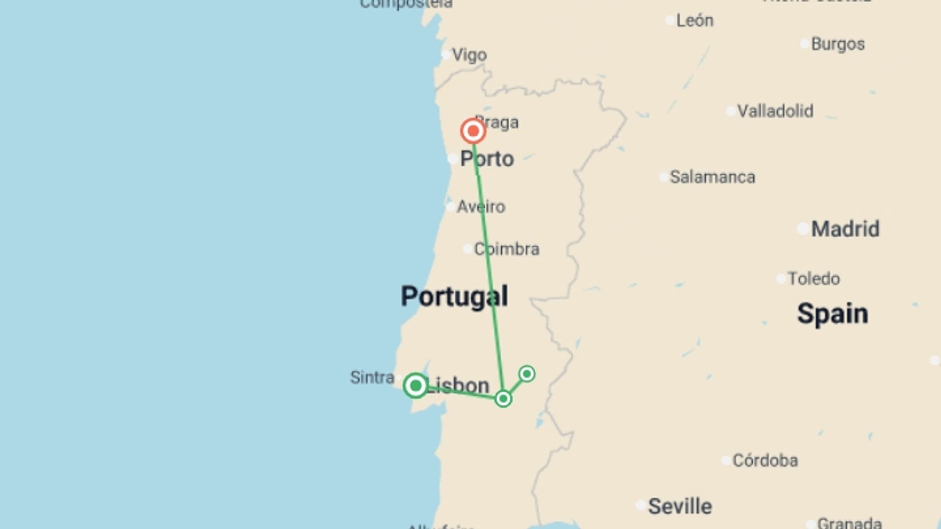 A map showing the tour itinerary for the trip: Signature Portugal | Alentejo’s Land & Legacy, starting in Lisbon, Portugal and ending in Evora, Portugal going through 4 other destinations.