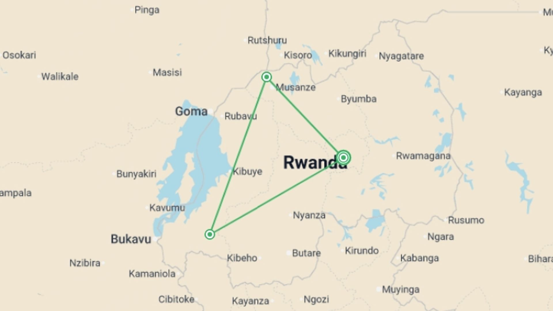A map showing the tour itinerary for the trip: Signature: Rwanda's Primate Kingdoms, starting in Kigali, Rwanda and ending in Kigali, Rwanda going through 1 other destinations.