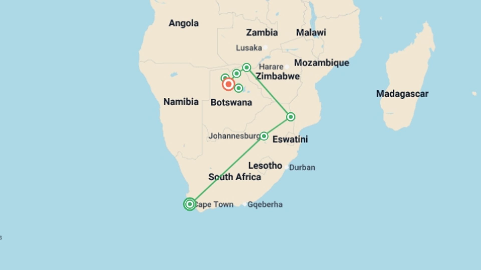 A map showing the tour itinerary for the trip: Signature: Southern Africa’s Highlights, Cape Town to the Okavango Delta, starting in Cape Town, South Africa and ending in Maun, Botswana going through 6 other destinations.
