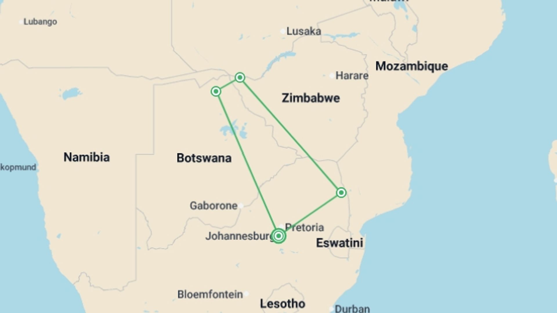 A map showing the tour itinerary for the trip: Signature: Southern Africa's Kruger, Chobe & Victoria Falls, starting in Johannesburg, South Africa and ending in Johannesburg, South Africa going through 4 other destinations.