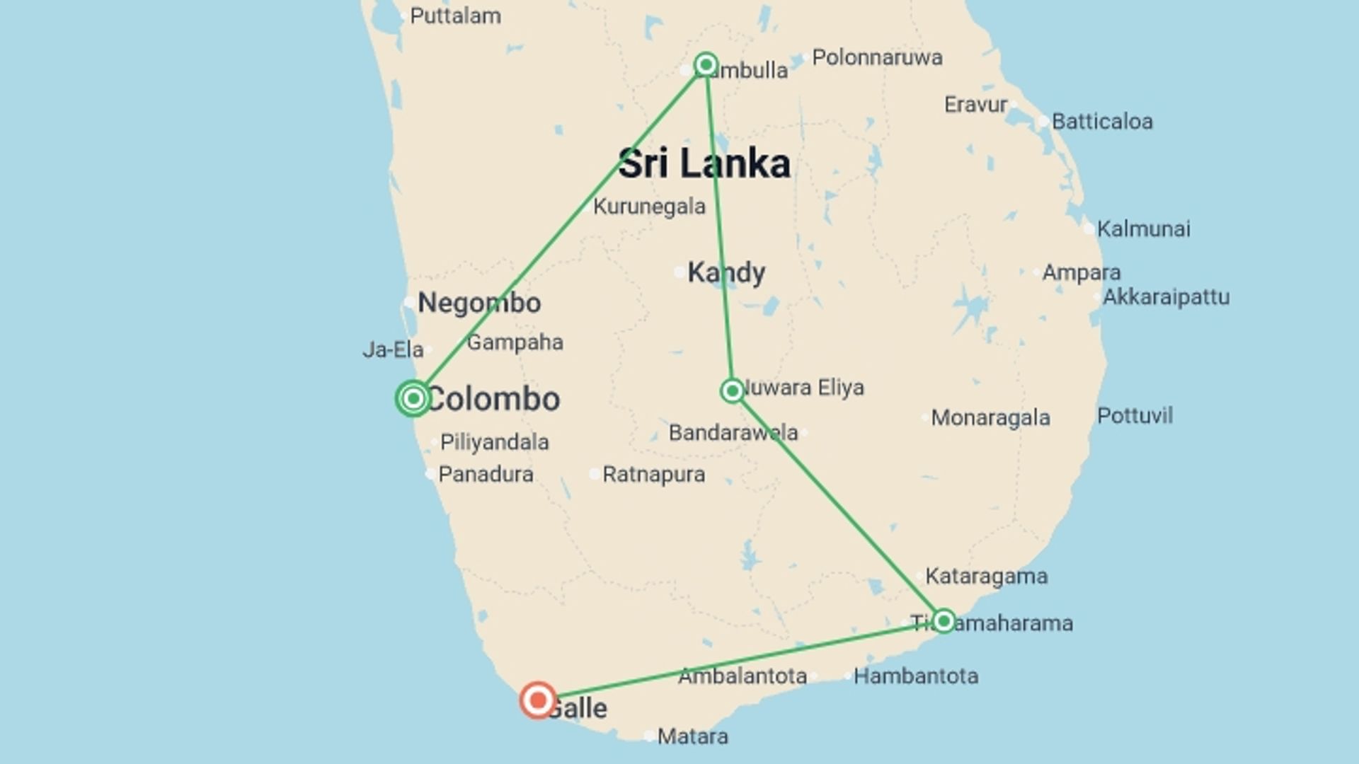 A map showing the tour itinerary for the trip: Signature: Sri Lanka’s Highlands, Yala & Galle, starting in Colombo, Sri Lanka and ending in Galle, Sri Lanka going through 3 other destinations.