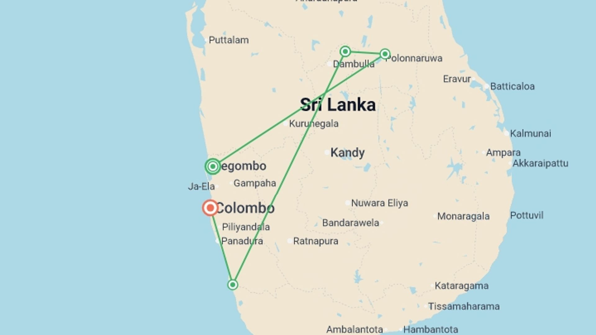 A map showing the tour itinerary for the trip: Signature Sri Lanka | The Island of Serendipity, starting in Negombo, Sri Lanka and ending in Colombo, Sri Lanka going through 4 other destinations.