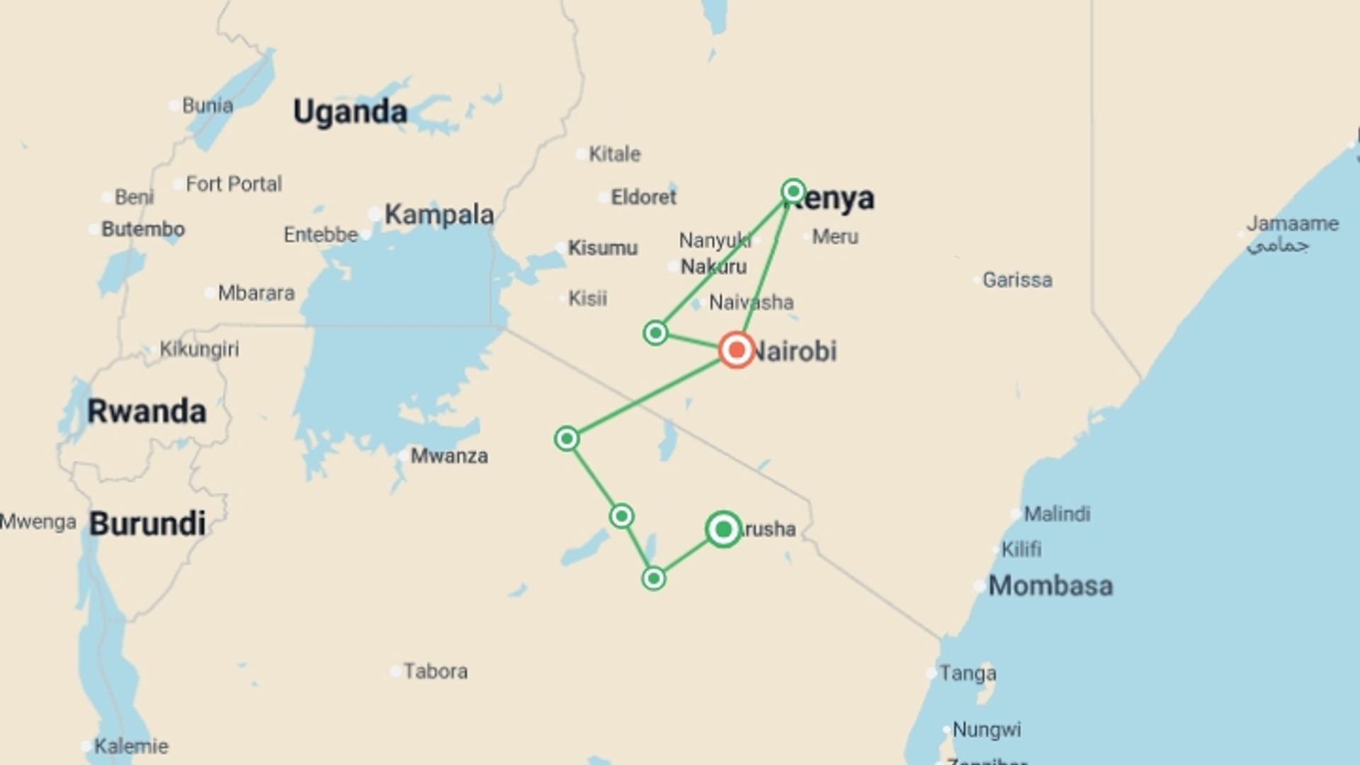 A map showing the tour itinerary for the trip: Signature: Tanzania & Kenya — Serengeti to the Maasai Mara, starting in Arusha, Tanzania and ending in Nairobi, Kenya going through 4 other destinations.