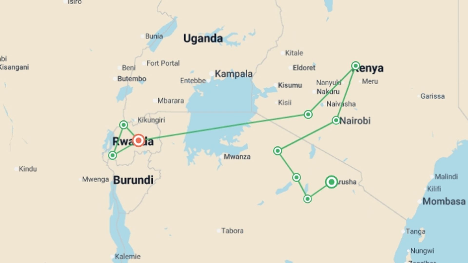 A map showing the tour itinerary for the trip: Signature: Tanzania, Kenya & Rwanda — Savannah to the Rainforest, starting in Arusha, Tanzania and ending in Kigali, Rwanda going through 5 other destinations.