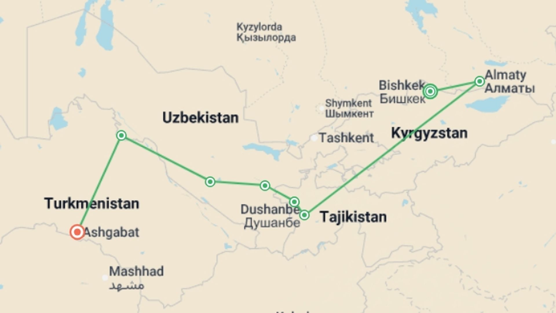 A map showing the tour itinerary for the trip: Signature: The Five Stans & the Heart of the Silk Road, starting in Bishkek, Kyrgyzstan and ending in Ashgabat, Turkmenistan going through 6 other destinations.