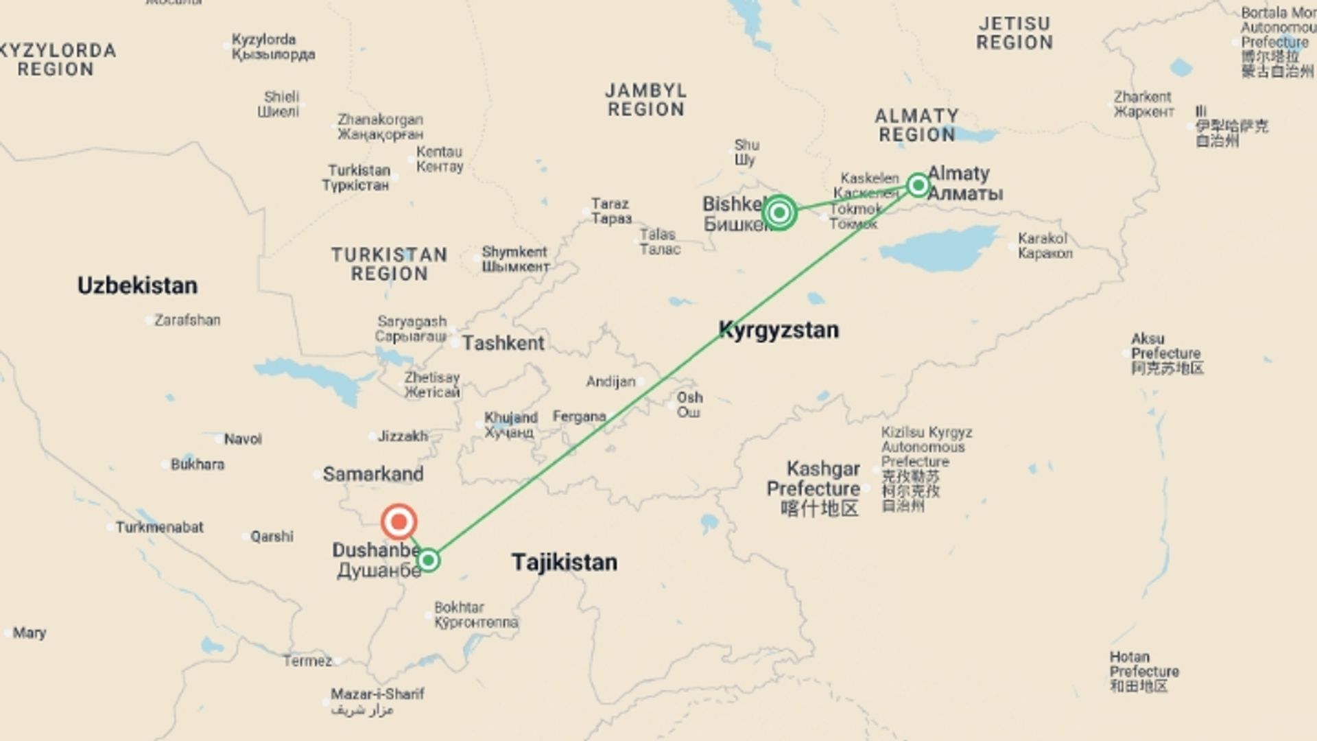 A map showing the tour itinerary for the trip: Signature: The Northern Stans & the Silk Road, starting in Bishkek, Kyrgyzstan and ending in Tajikistan going through 4 other destinations.