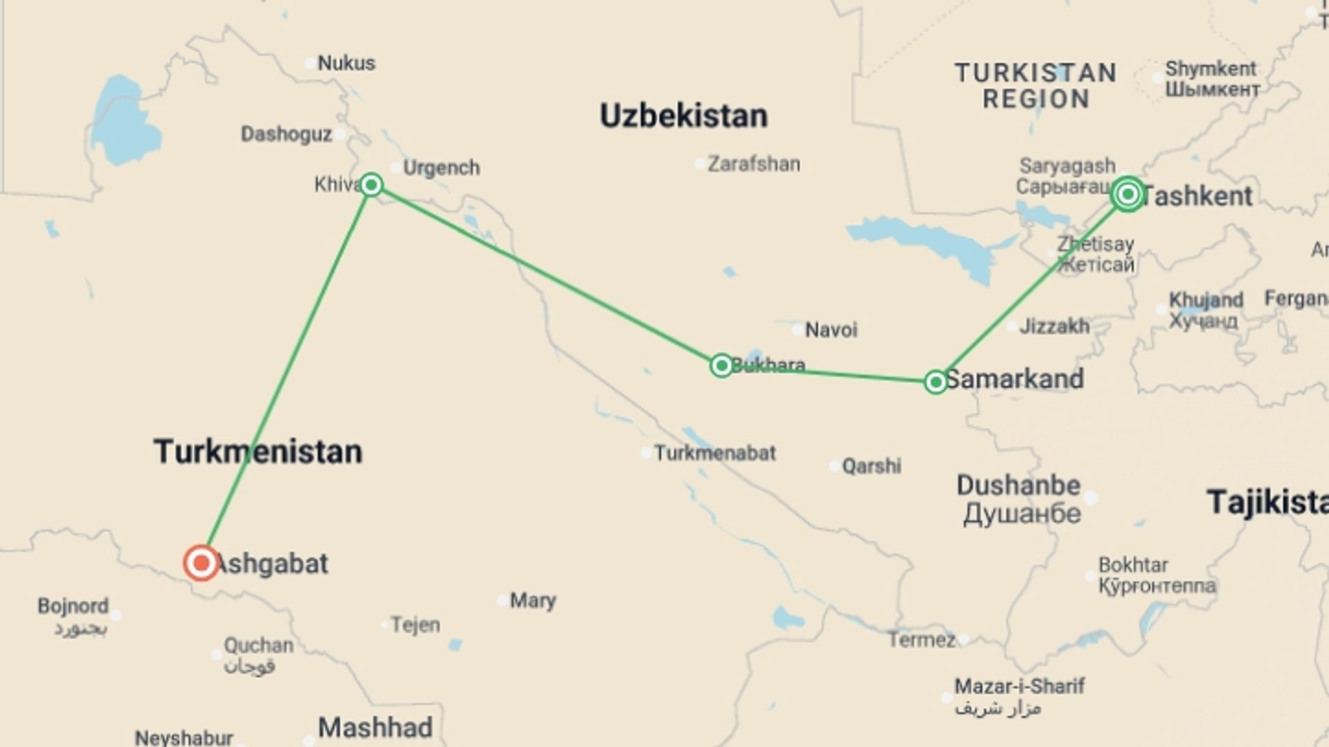 A map showing the tour itinerary for the trip: Signature: Uzbekistan & Turkmenistan, starting in Tashkent, Uzbekistan and ending in Ashgabat, Turkmenistan going through 4 other destinations.