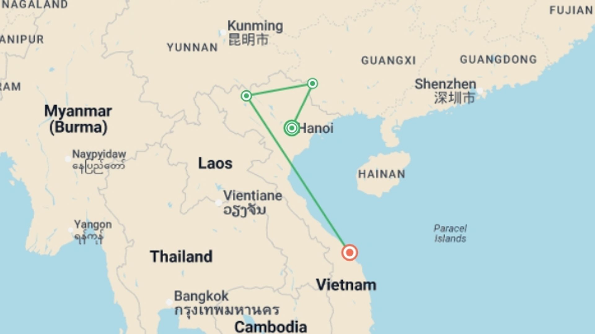 A map showing the tour itinerary for the trip: Signature Vietnam | In Fabric & Folklore, starting in Hanoi, Vietnam and ending in Hanoi, Vietnam going through 3 other destinations.