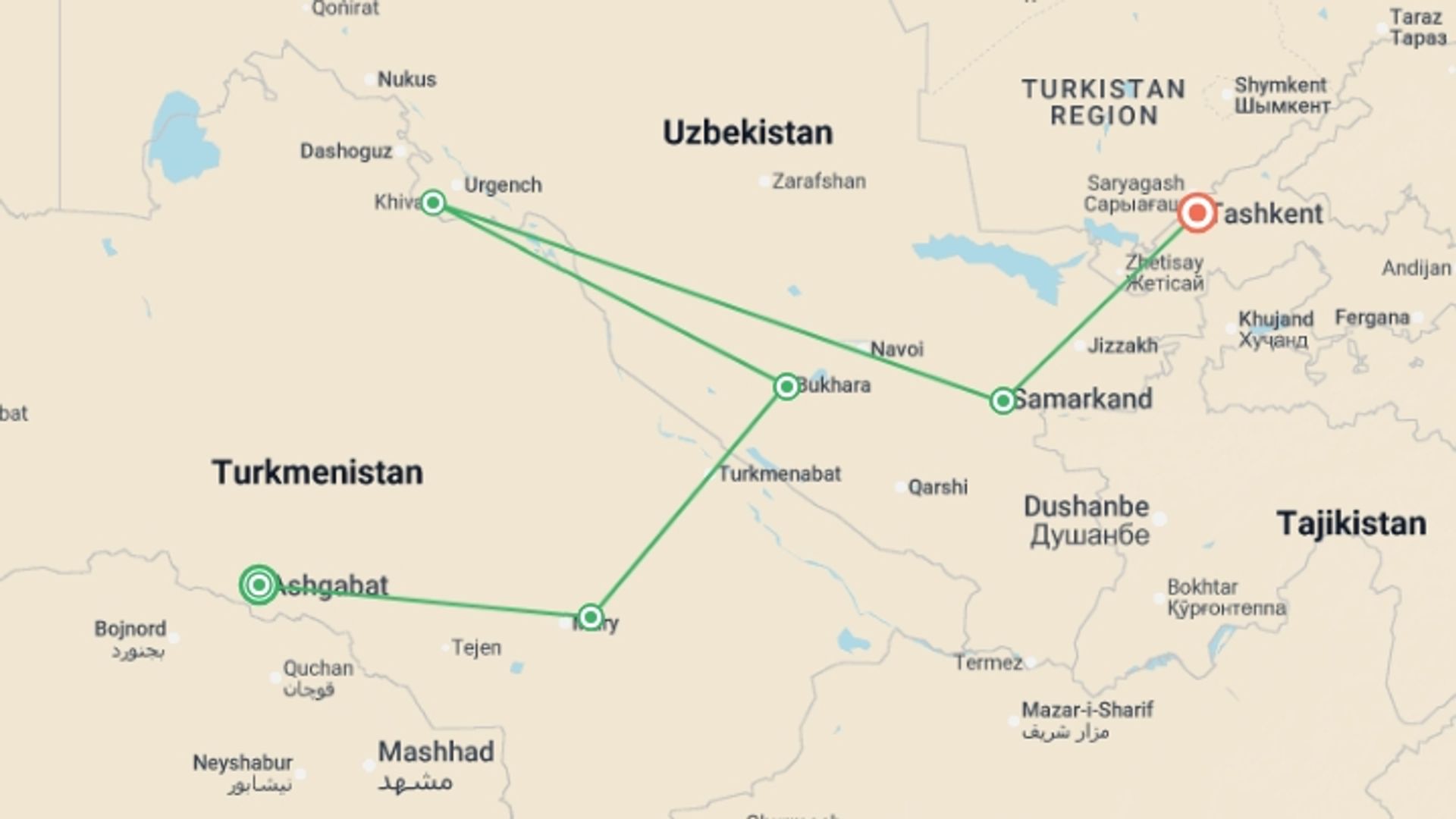 A map showing the tour itinerary for the trip: Silk Road Highlights: Uzbekistan and Turkmenistan, starting in Tashkent, Uzbekistan and ending in Tashkent, Uzbekistan going through 2 other destinations.