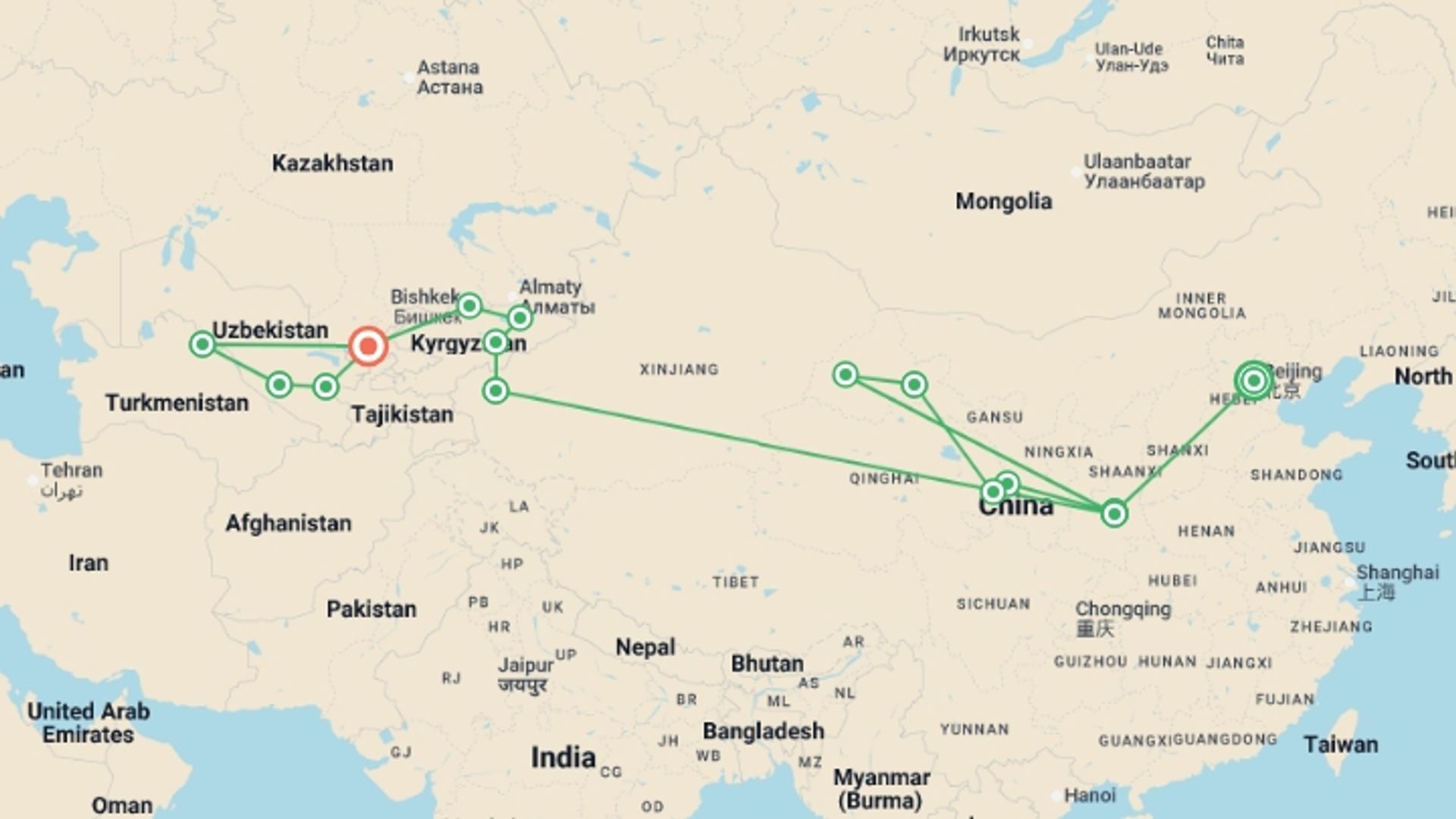 A map showing the tour itinerary for the trip: Silk Road to Samarkand via Kashgar, starting in Beijing, China and ending in Tashkent, Uzbekistan going through 10 other destinations.