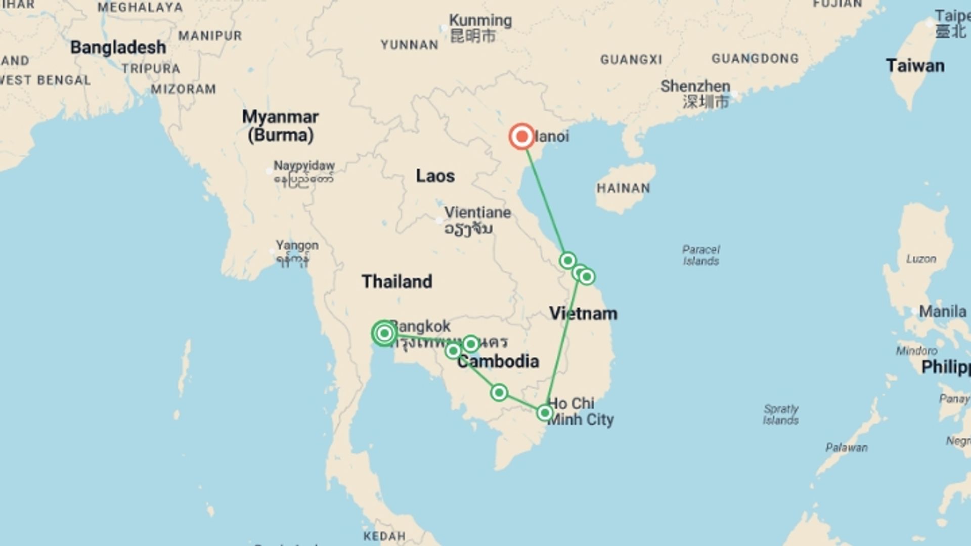 A map showing the tour itinerary for the trip: Simply Bangkok to Hanoi, starting in Bangkok, Thailand and ending in Hanoi, Vietnam going through 8 other destinations.