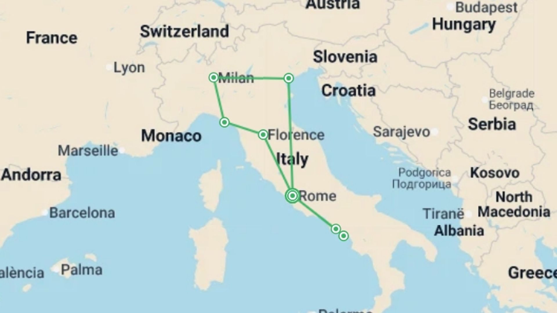 A map showing the tour itinerary for the trip: Simply Italy, starting in Rome, Italy and ending in Rome, Italy going through 5 other destinations.